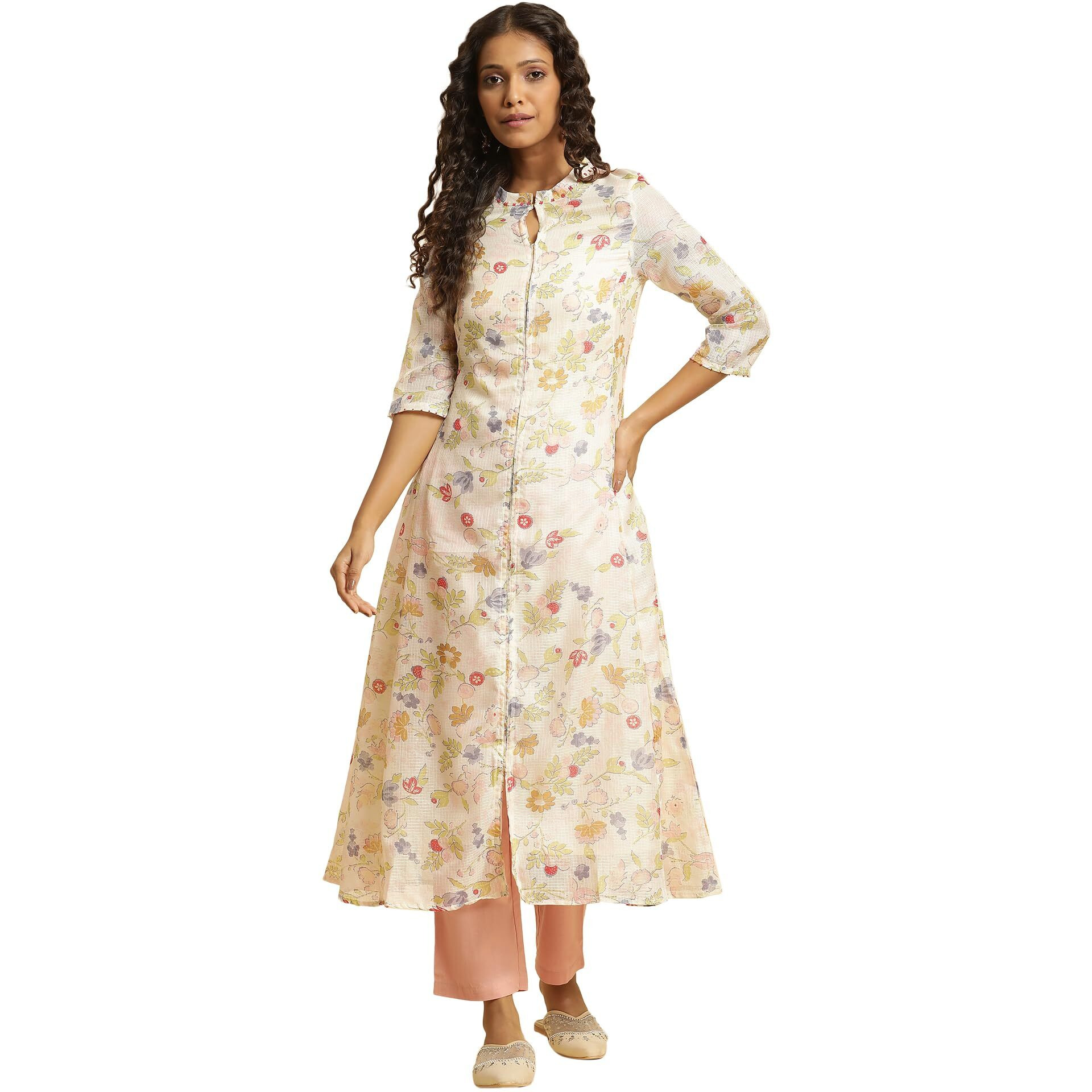 W For Woman Women's Polyester Floral Kurta & Slim Pant (23Fews19636-114858_Ecru