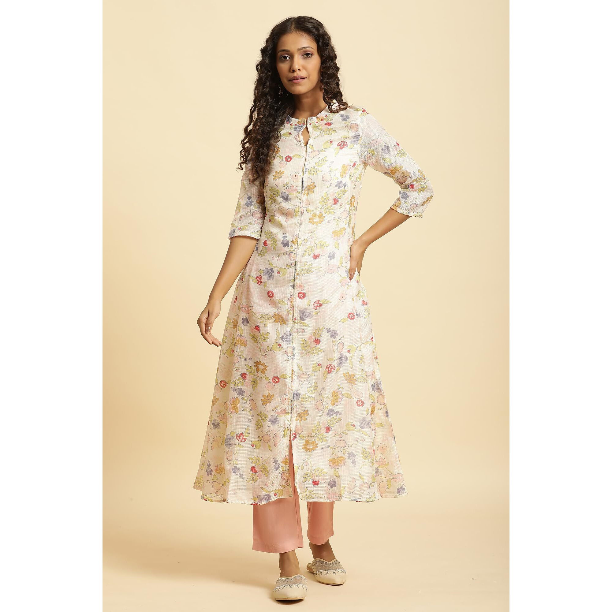 W For Woman Women's Polyester Floral Kurta & Slim Pant (23Fews19636-114858_Ecru