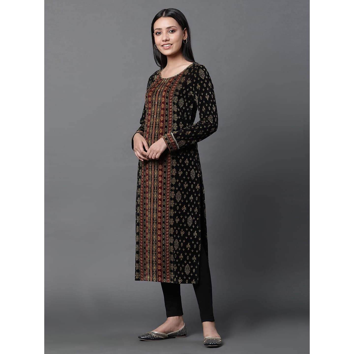 Aurelia Black Sequined Winter Kurta And Tights Set (Size L)-23Noas14737-704481
