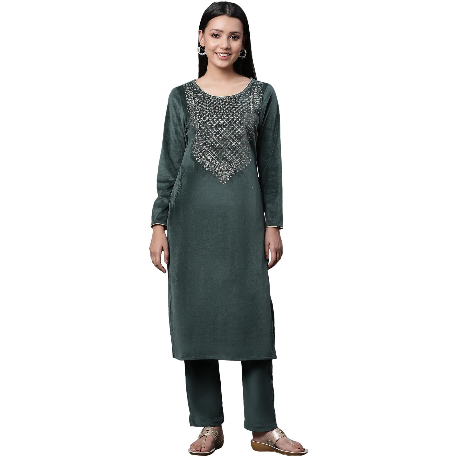 Aurelia Women's Polyester Kurta Set (23Noas14768-606724_Green