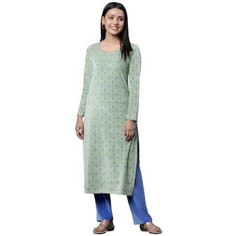 Aurelia Green Geometric Printed Kurta And Pants Winter Set (Size M)-23Noas14708-704447