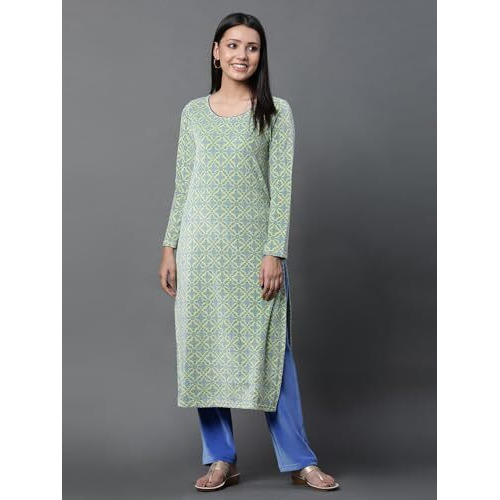 Aurelia Green Geometric Printed Kurta And Pants Winter Set (Size M)-23Noas14708-704447