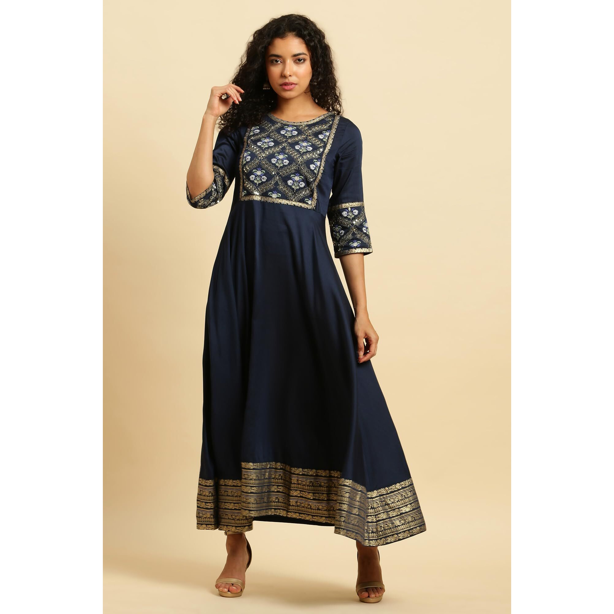 W For Woman Women's Polyester Blue Panelled Embroidered Festive Dress Ankle Length (23Auw10290-220805 10)
