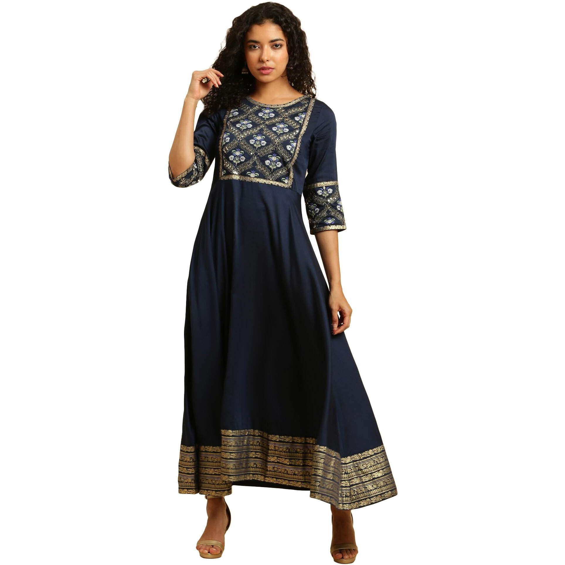 W For Woman Women's Polyester Blue Panelled Embroidered Festive Dress Ankle Length 23Auw10290-220805