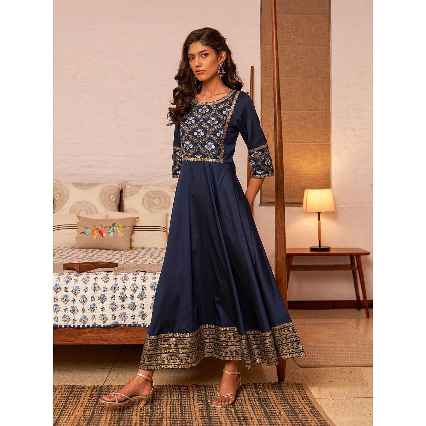 W For Woman Women's Polyester Blue Panelled Embroidered Festive Dress Ankle Length 23Auw10290-220805