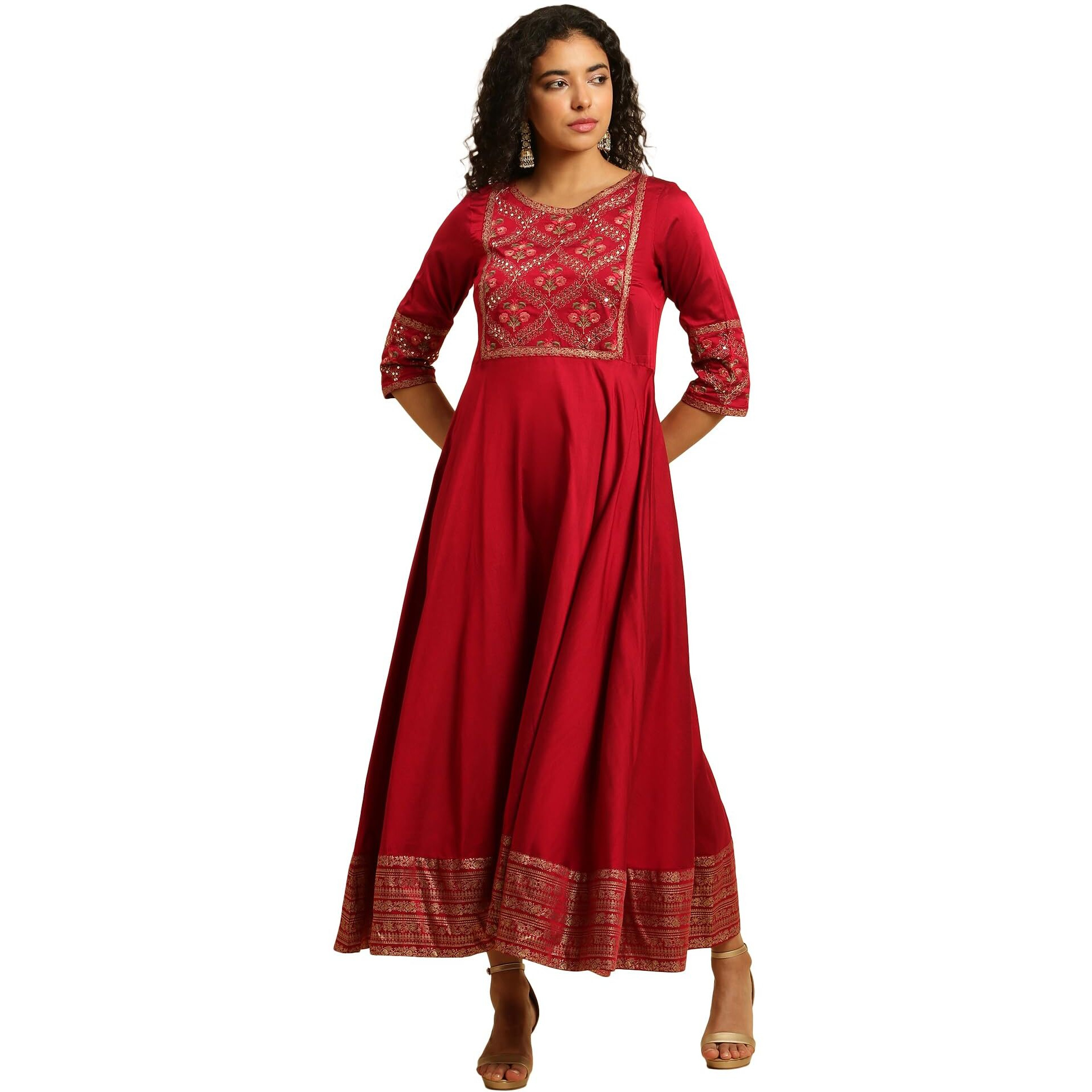W For Woman Red Panelled Embroidered Festive Dress (Size M)-23Auw10290-221086
