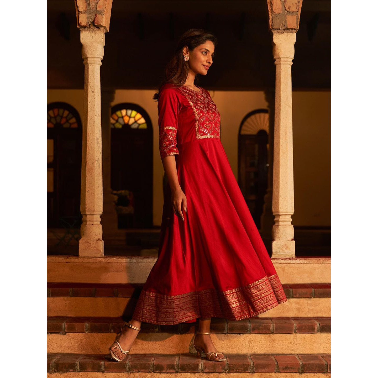 W For Woman Red Panelled Embroidered Festive Dress (Size S)-23Auw10290-221086