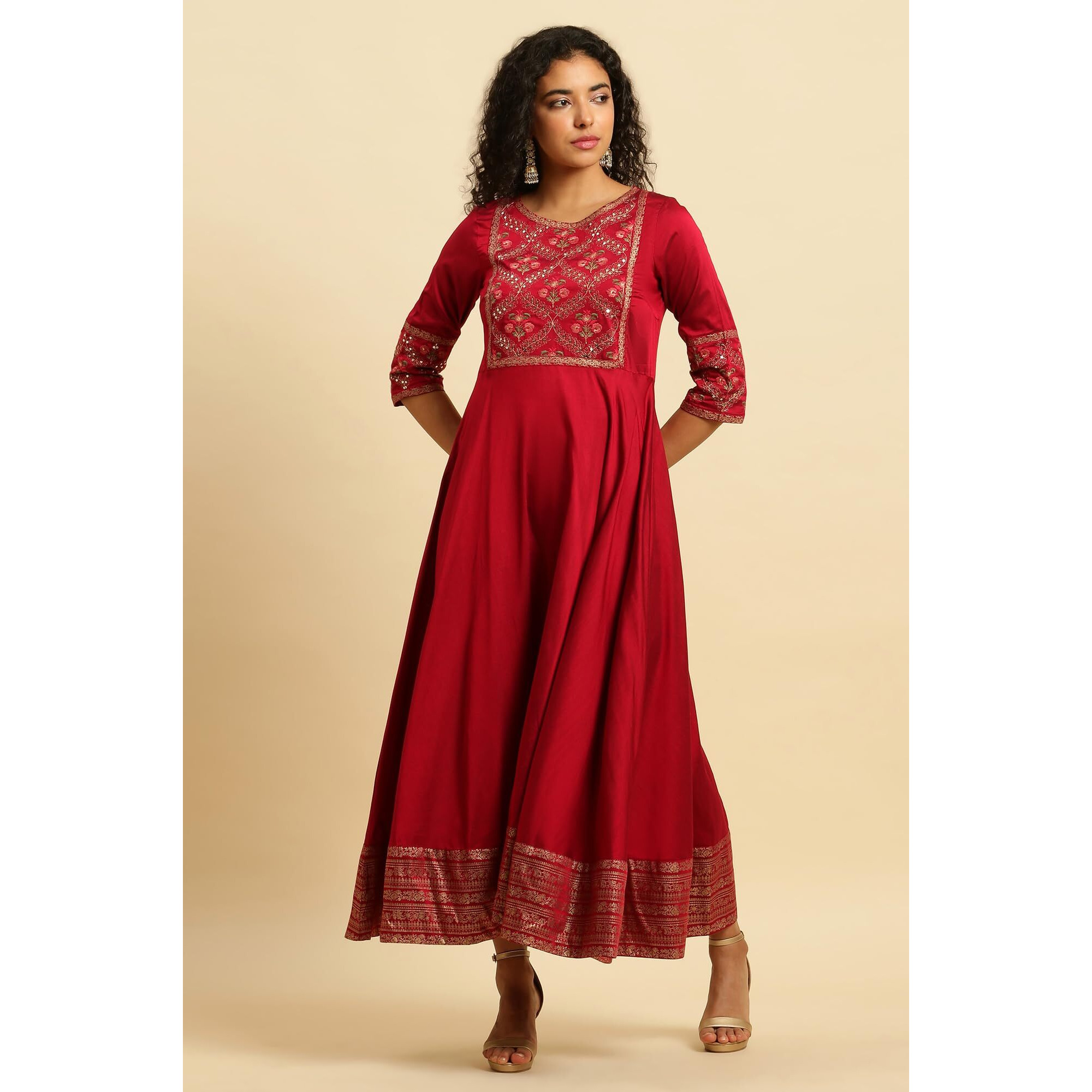 W For Woman Red Panelled Embroidered Festive Dress (Size S)-23Auw10290-221086