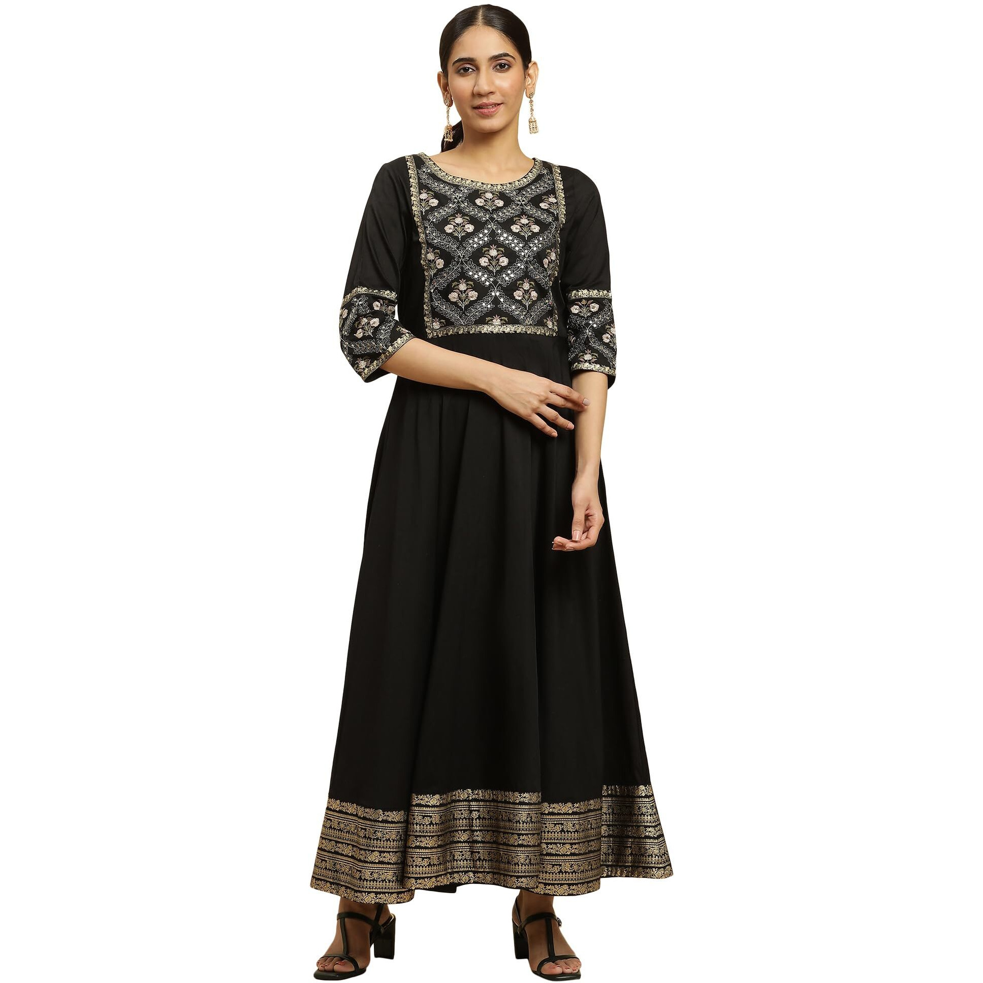W For Woman Women's Polyester Fit And Flare Maxi Dress (23Auw10290-221087_Raven Black