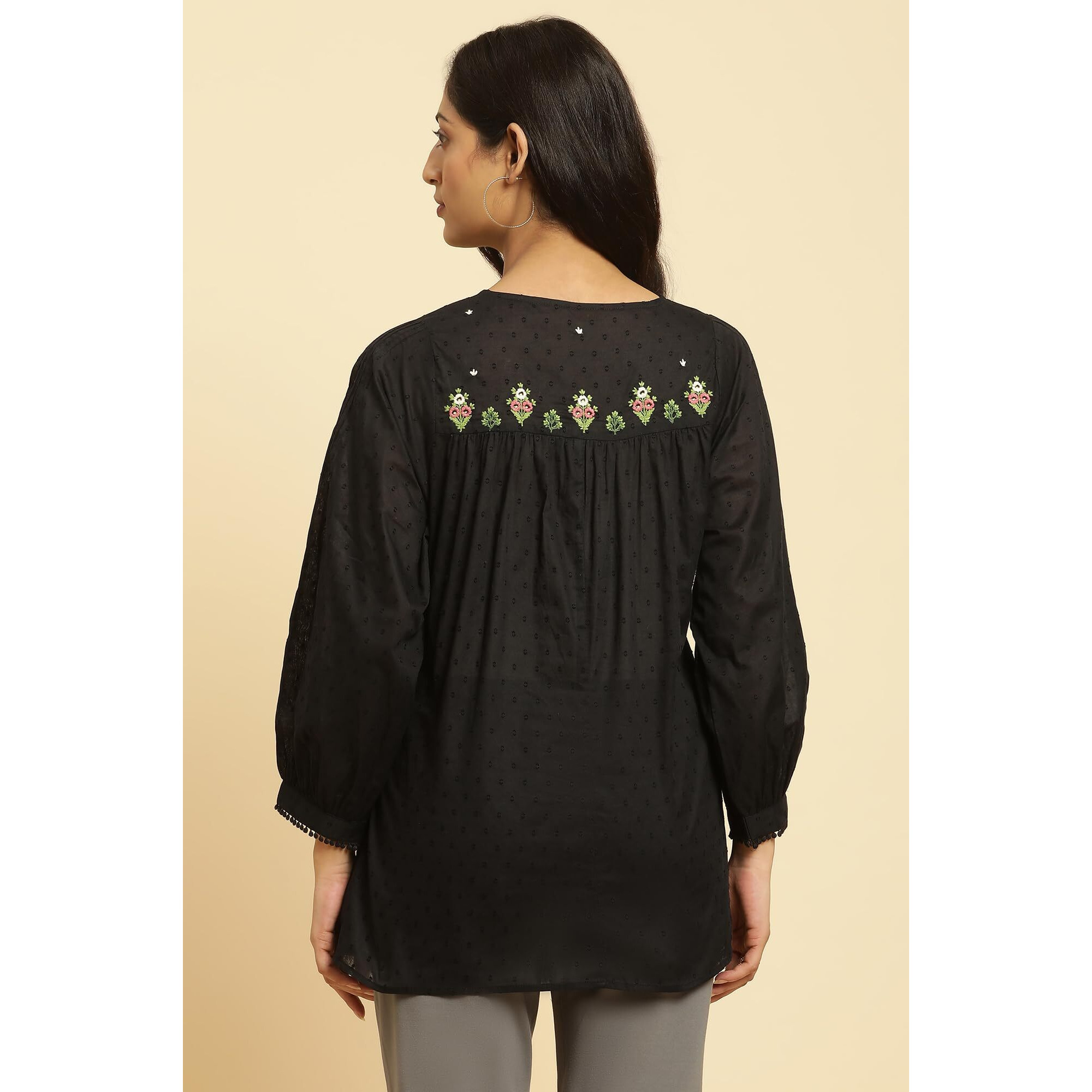 W Black Embroidered Cotton Tunic Top For Women