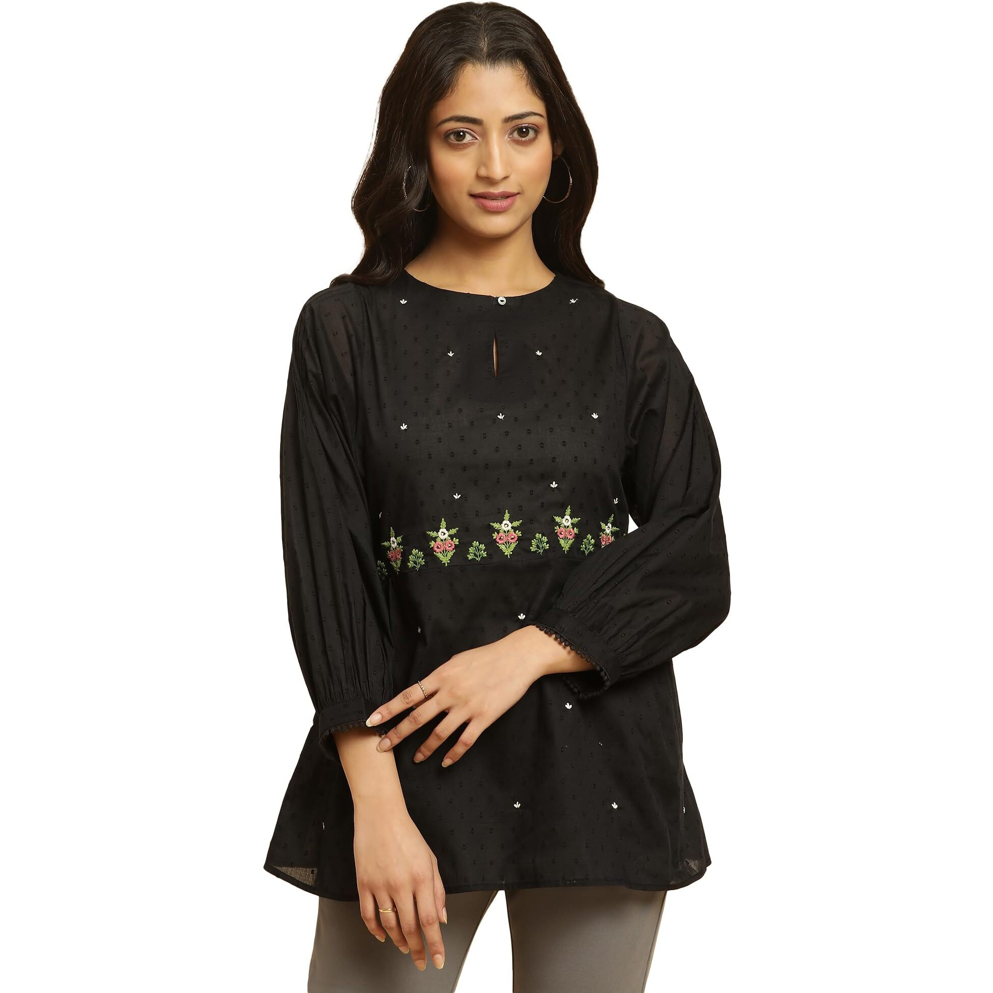W Black Embroidered Cotton Tunic Top For Women