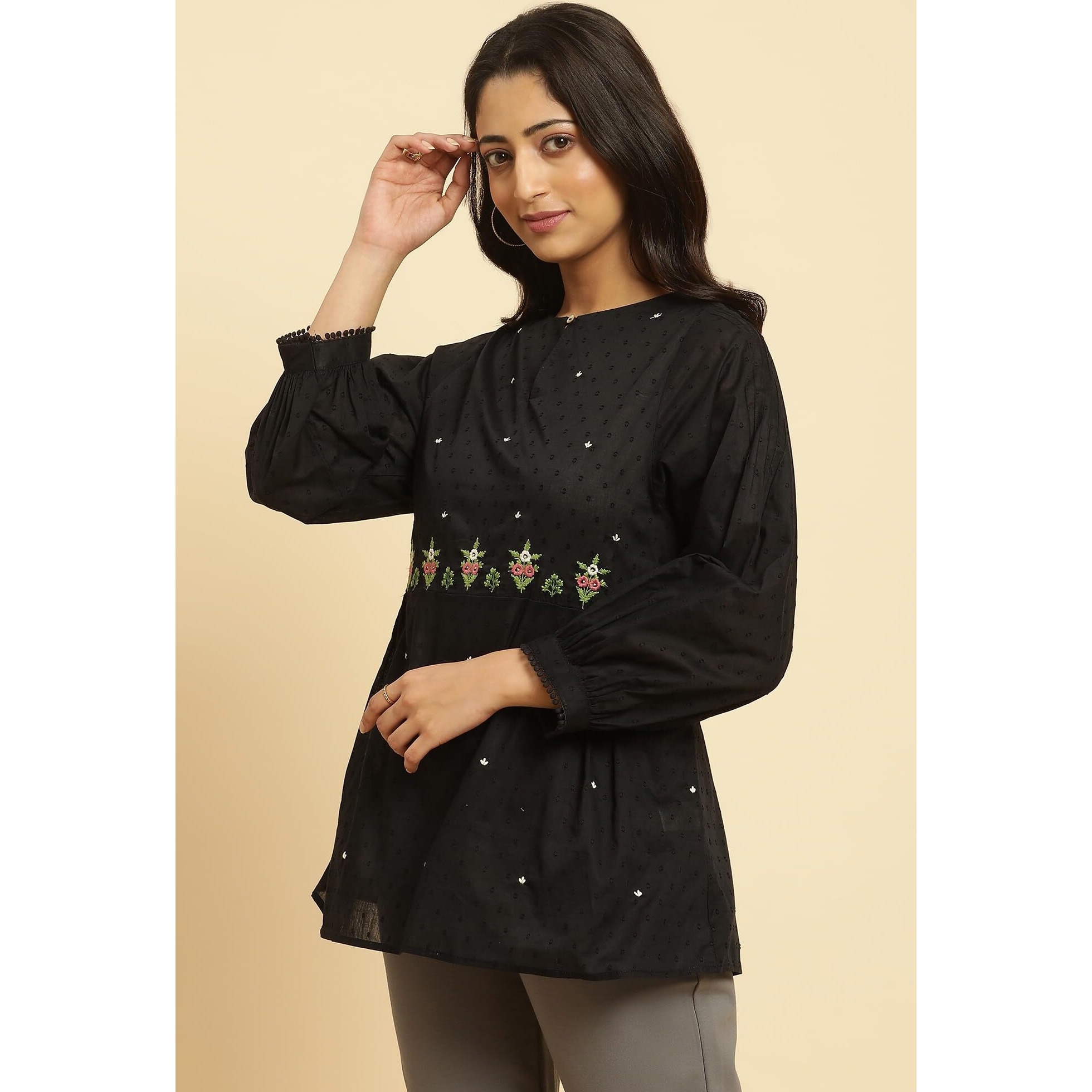 W Black Embroidered Cotton Tunic Top For Women