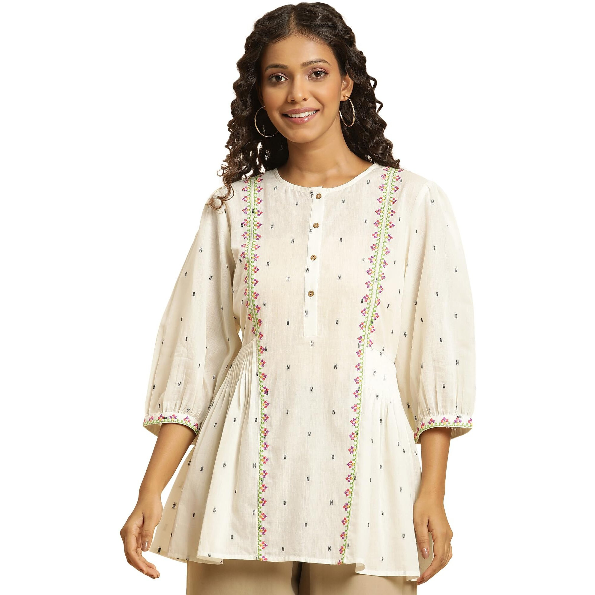 W For Woman Ecru Yarn Dye Embroidered Top With Pleats (Size L)-23Auw30688-313396