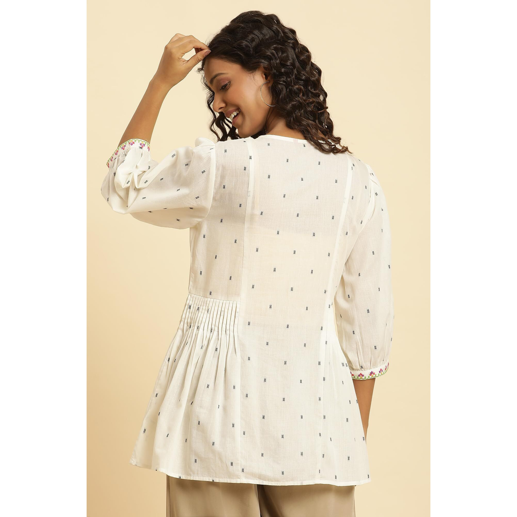 W For Woman Ecru Yarn Dye Embroidered Top With Pleats (Size L)-23Auw30688-313396