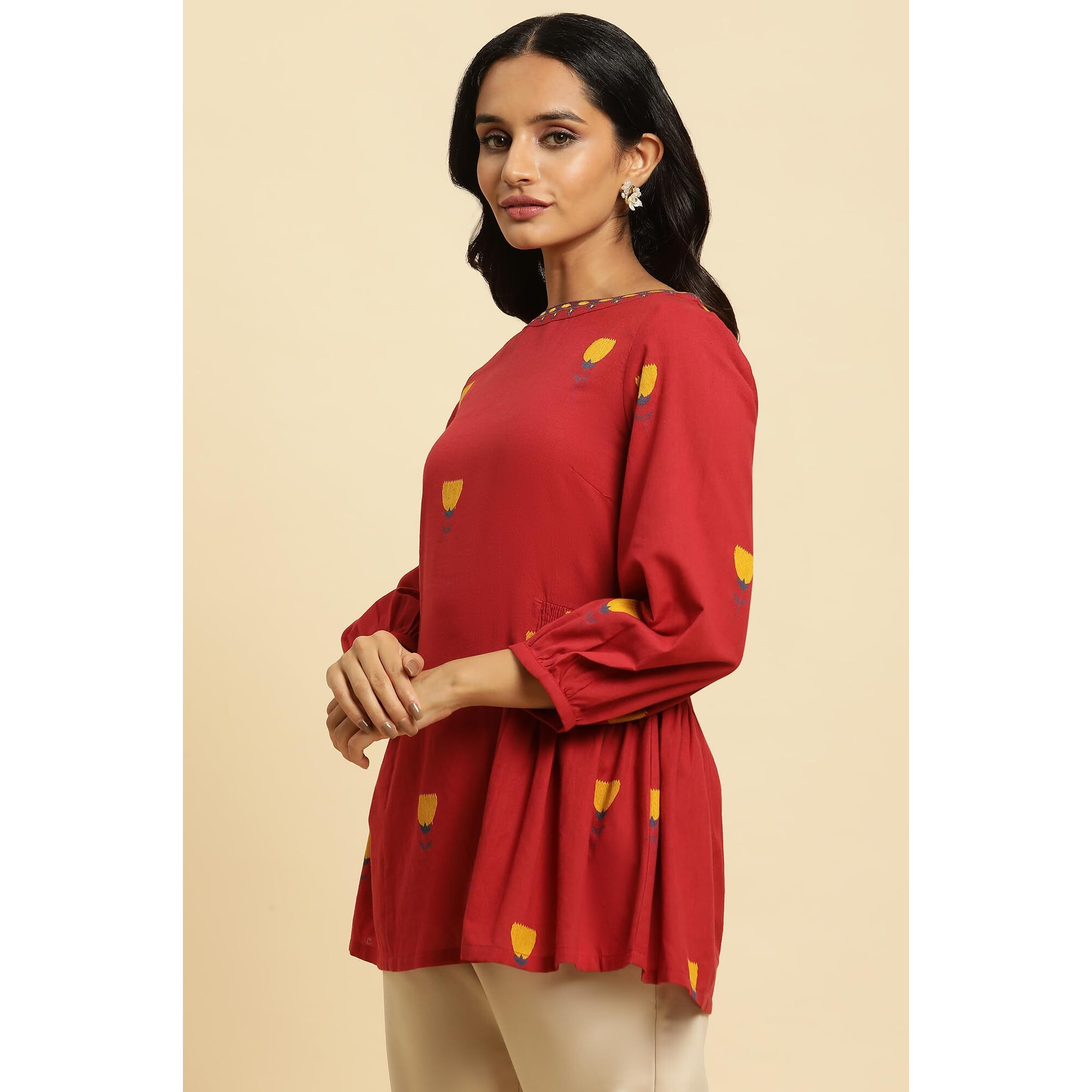 W For Woman Red Embroidered Cotton Tunic Top With Thread W For Womanork