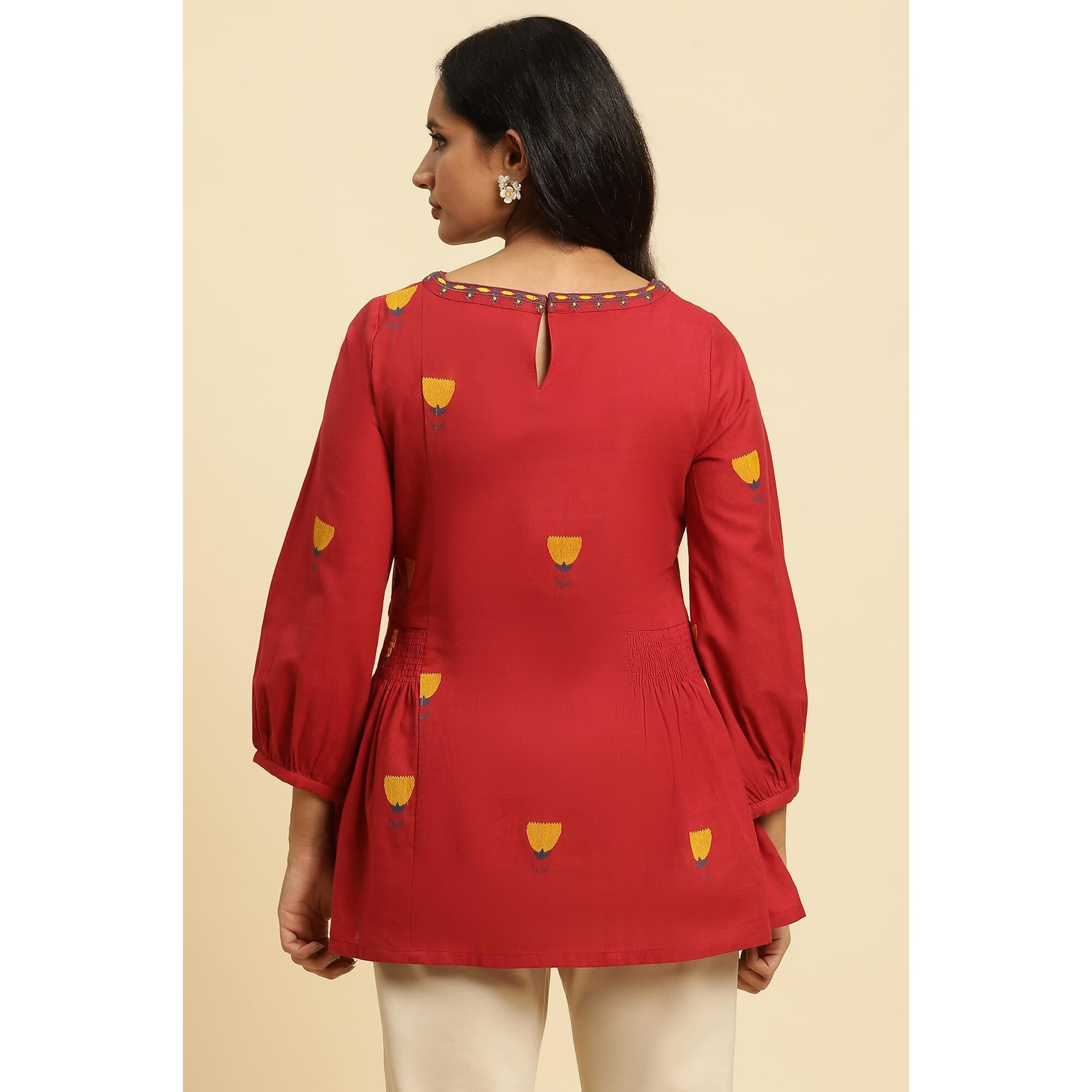 W For Woman Red Embroidered Cotton Tunic Top With Thread W For Womanork