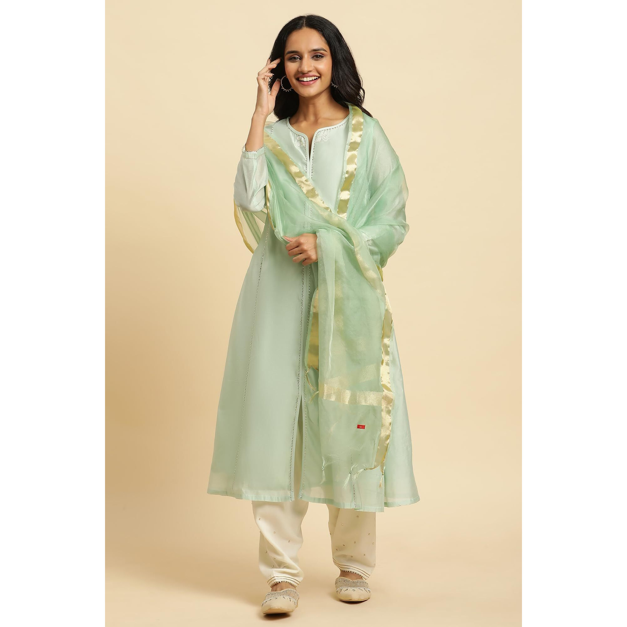 W For Woman Bright Green Solid Organza Dupatta_23Auw82037-313377_Free Size