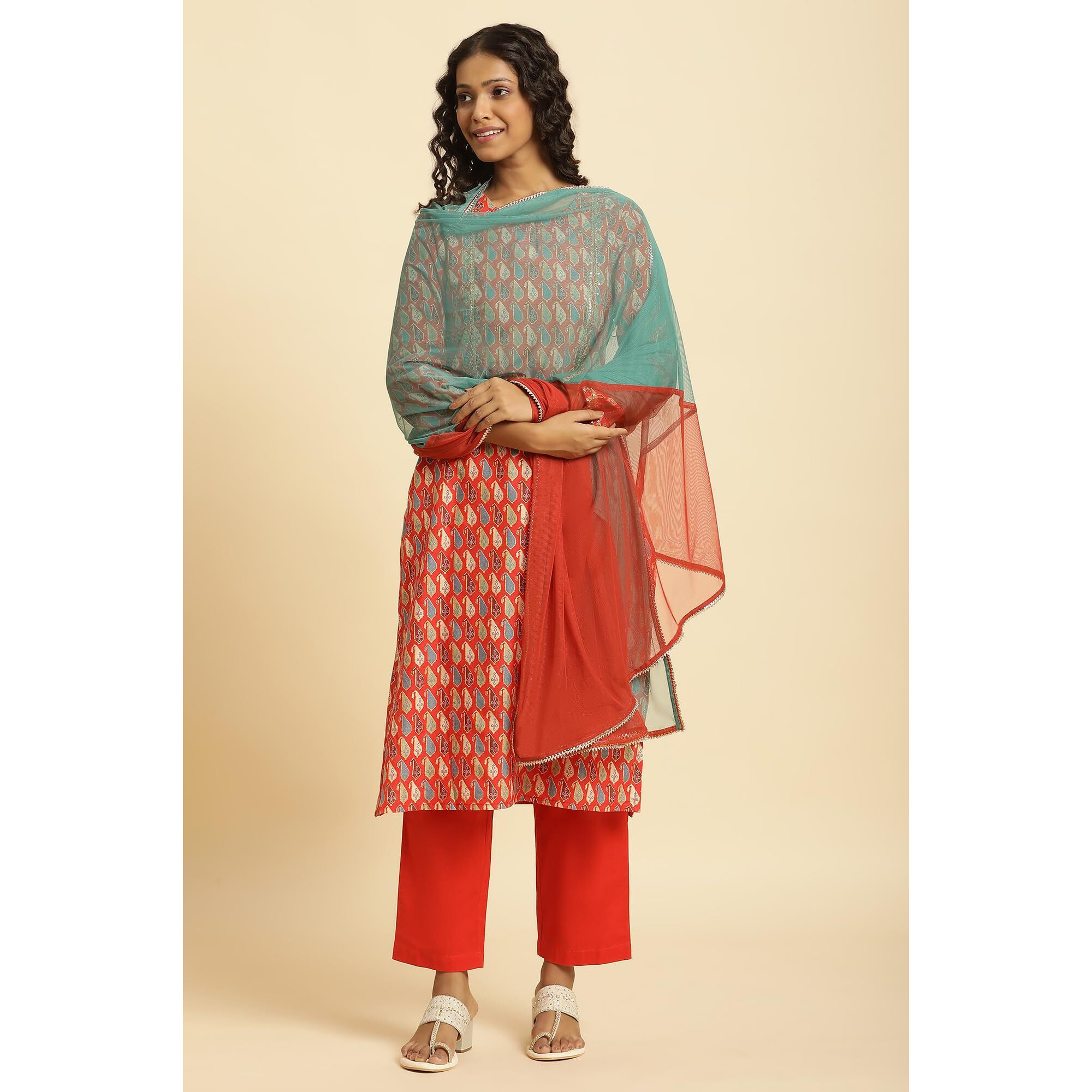 W For Woman Women Polyester Orange And Teal Solid Mesh Dupatta_23Auw82080-220580_Free Size