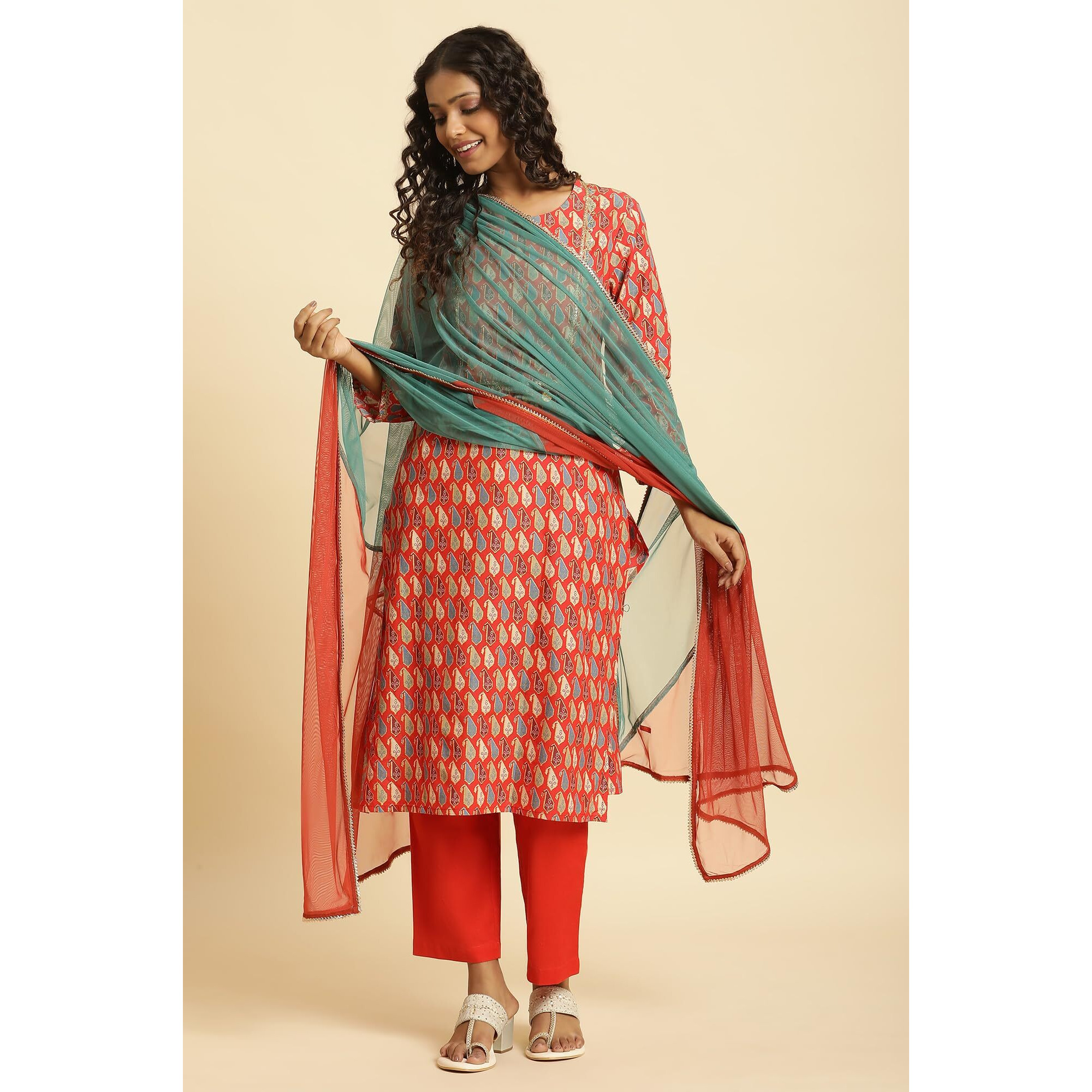 W For Woman Women Polyester Orange And Teal Solid Mesh Dupatta_23Auw82080-220580_Free Size