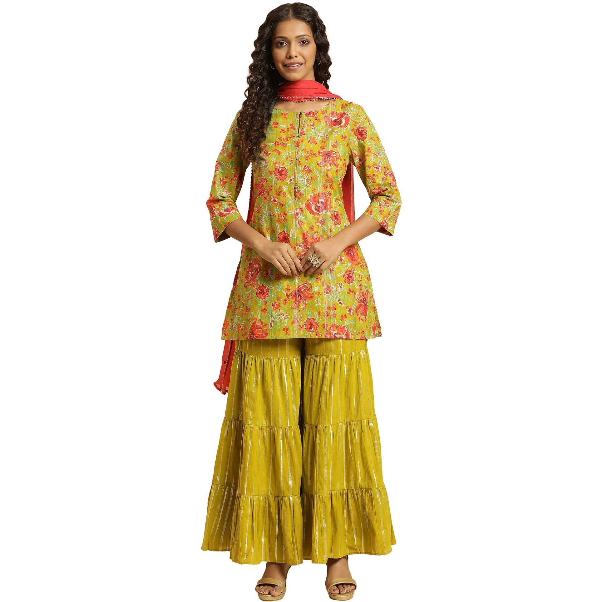 W For Woman Green Floral Printed Short Kurta, Sharara And Dupatta Set (Size 2Xl)-23Auws10233-122812