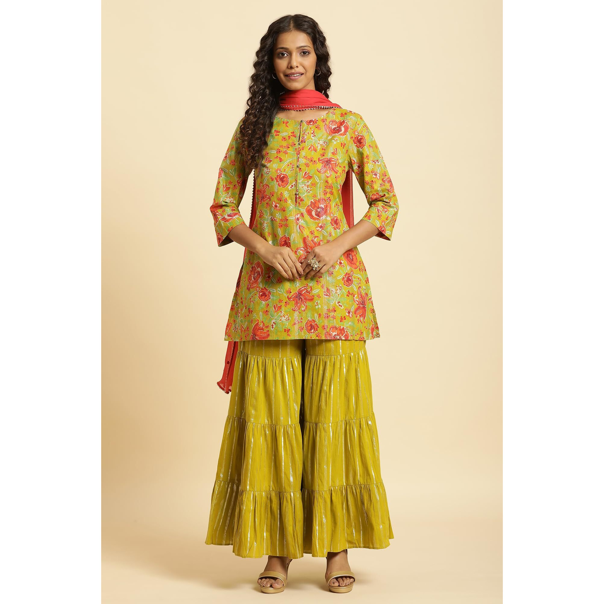 W For Woman Green Floral Printed Short Kurta, Sharara And Dupatta Set (Size 2Xl)-23Auws10233-122812