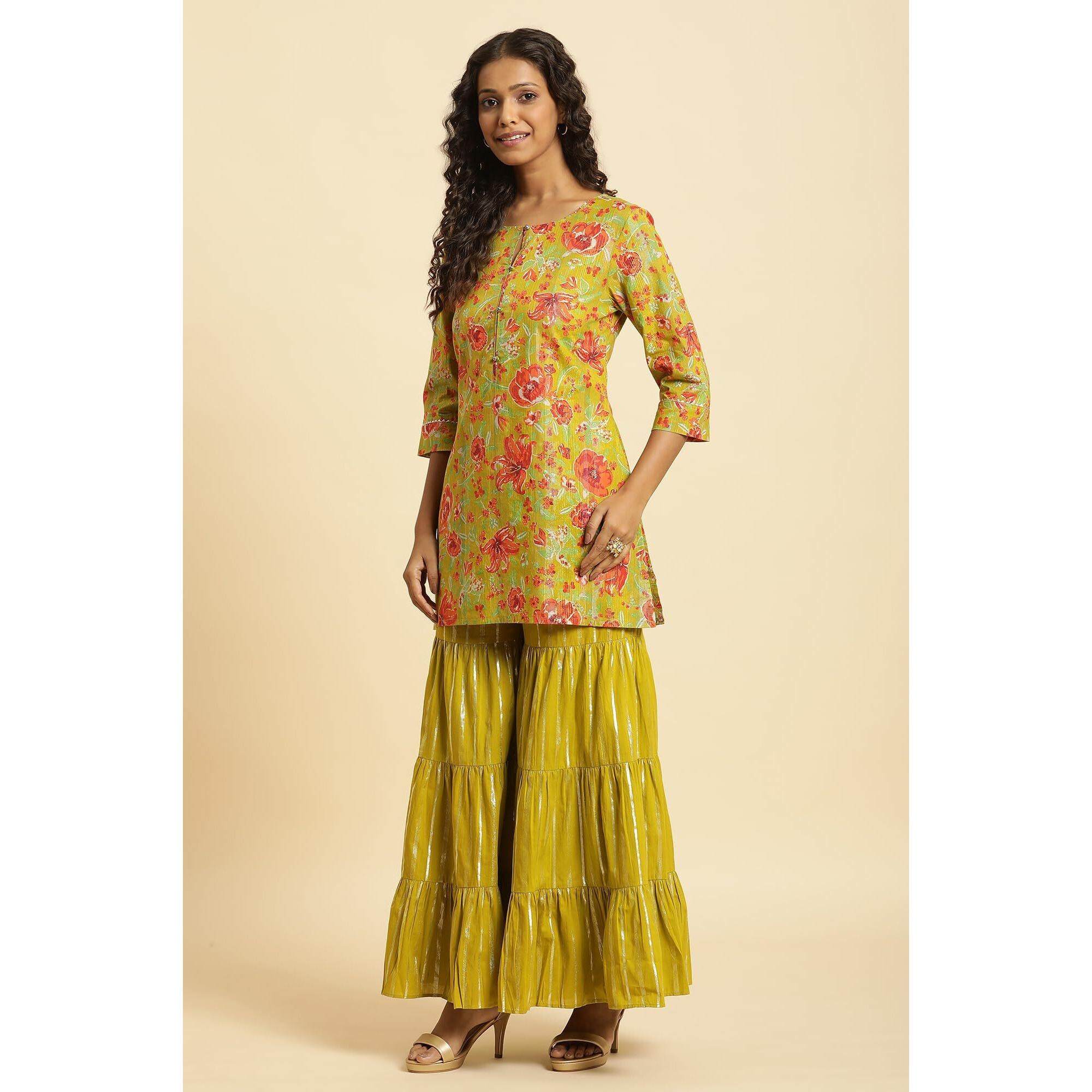 W For Woman Green Floral Printed Short Kurta, Sharara And Dupatta Set (Size 2Xl)-23Auws10233-122812