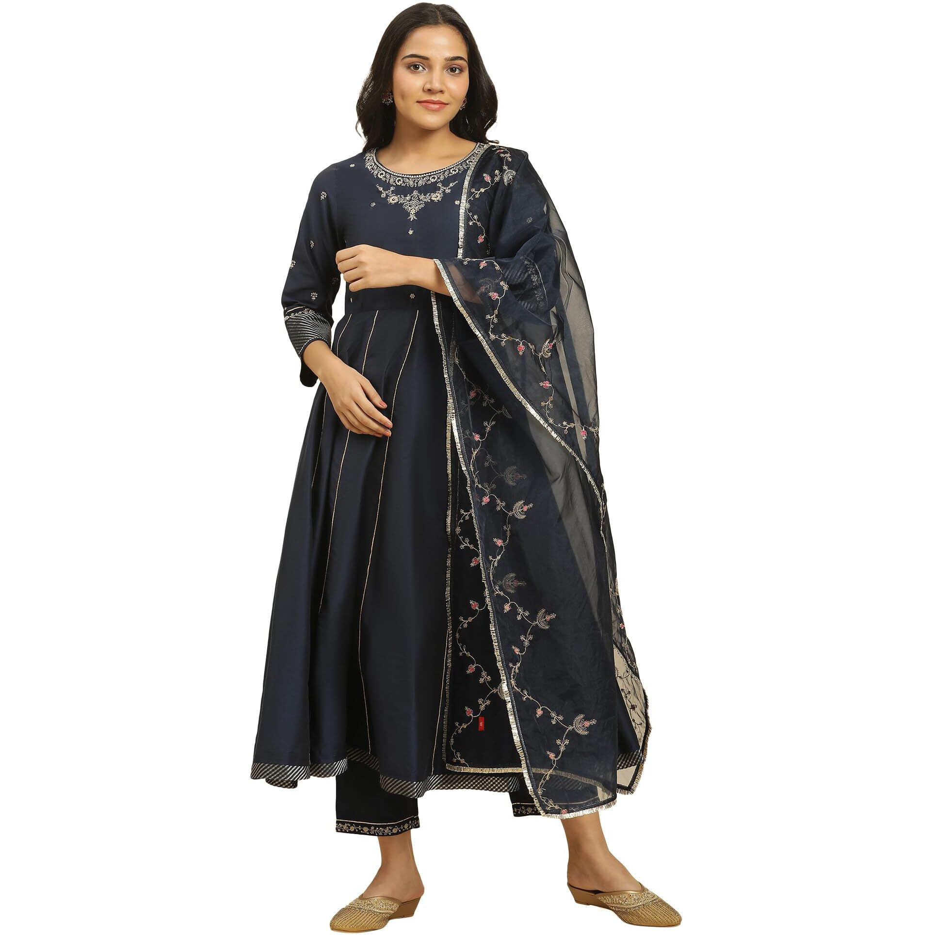 W For Woman Dark Blue Zari Embroidered Festive Kurta, Pants And Dupatta Set (Size 2Xl)-23Auws10267-220638