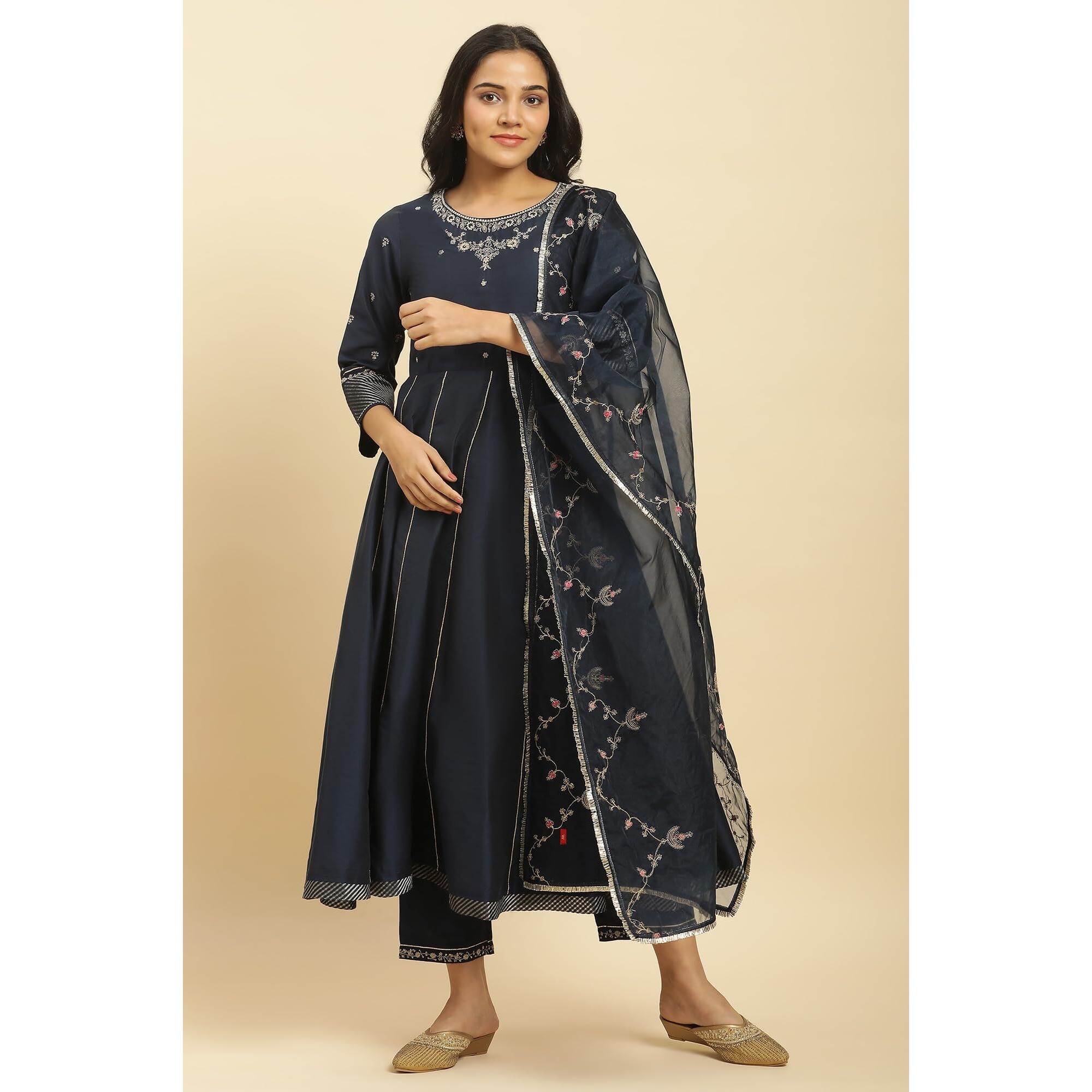 W For Woman Dark Blue Zari Embroidered Festive Kurta, Pants And Dupatta Set (Size 2Xl)-23Auws10267-220638
