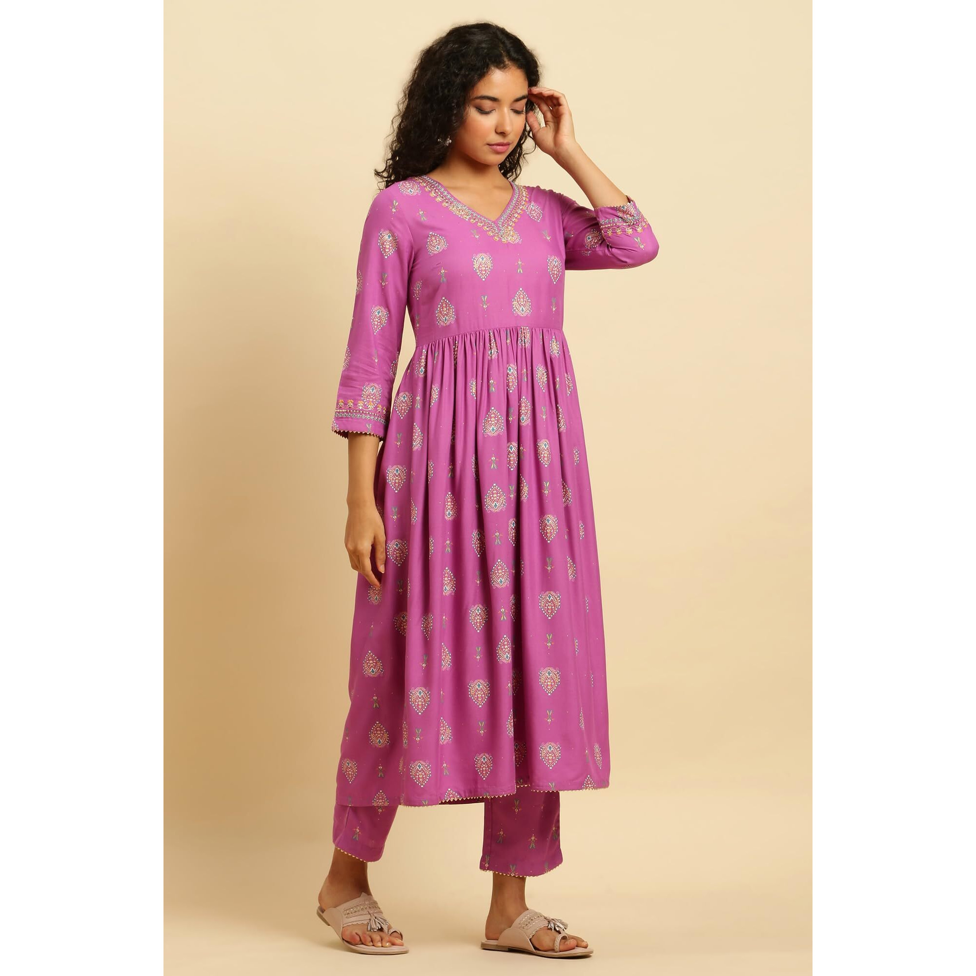 W For Woman Purple Paisley Printed Gathered Kurta, Pants And Dupatta Set (Size M)-23Auws10279-122117