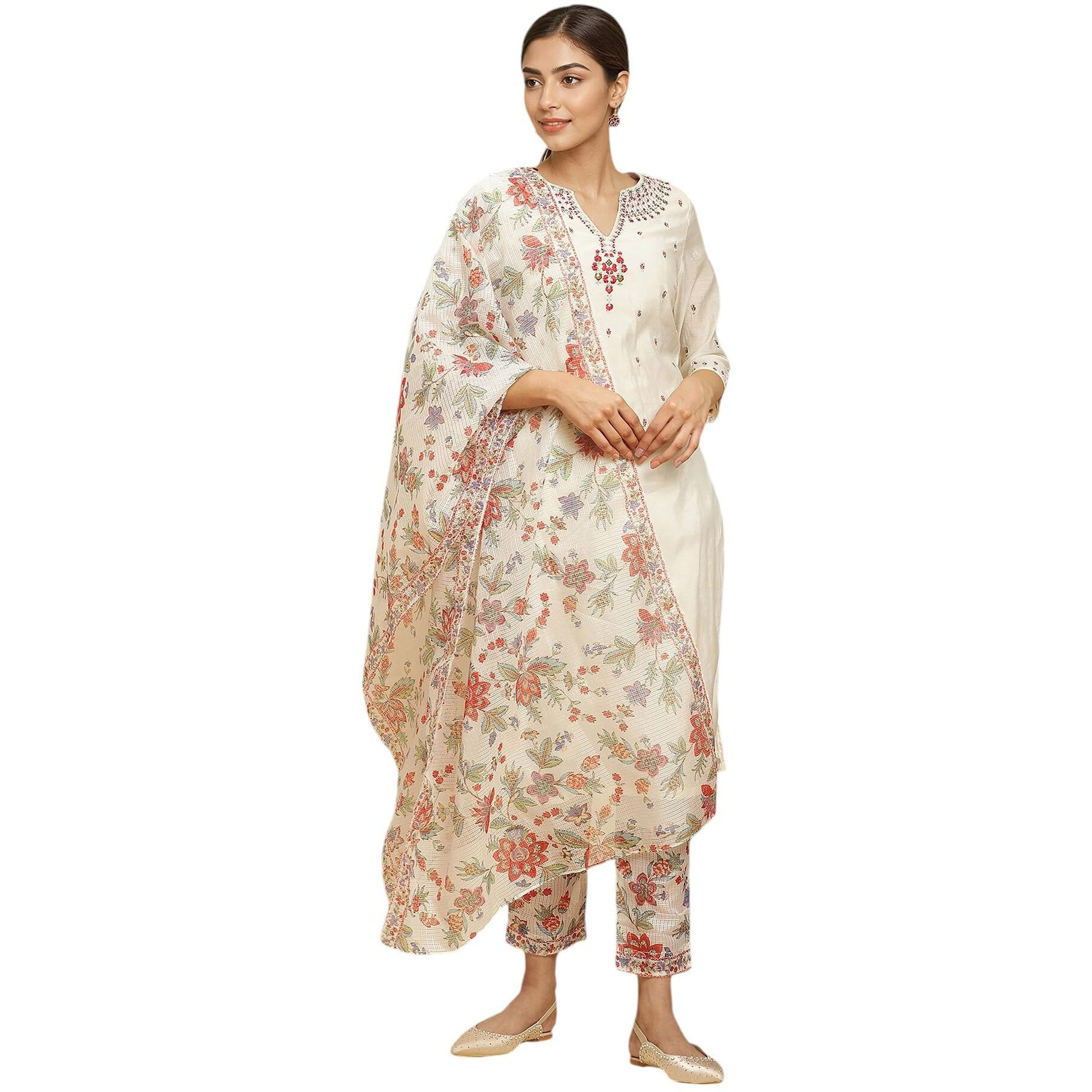 W For Woman Off W For Womanhite Floral Printed Sequined Blend Kurta Dupatta Bottomwear