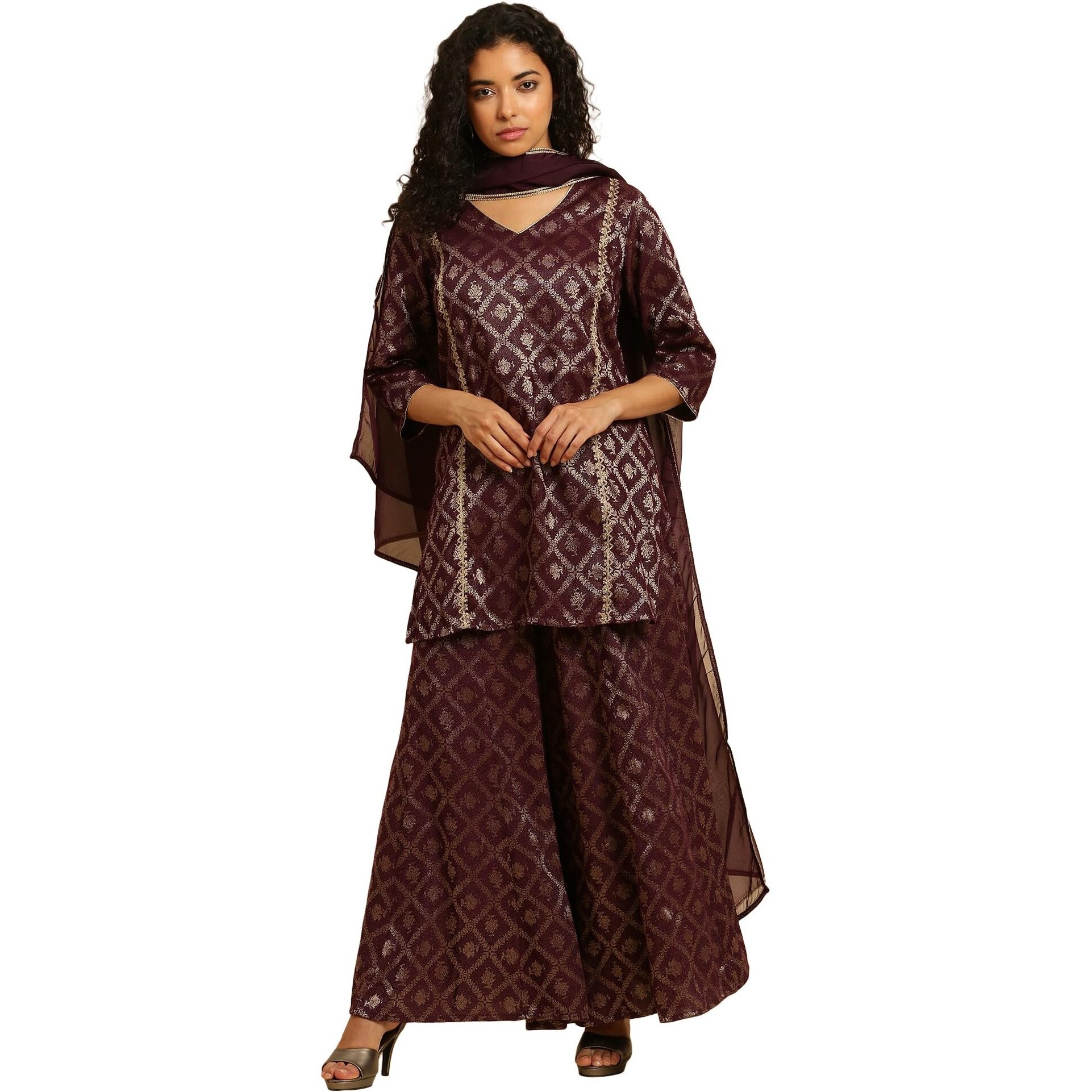 W For Woman Purple Zari Embellished Short Kurta, Flared Pants And Dupatta Set (Size M)-23Auws19793-313492