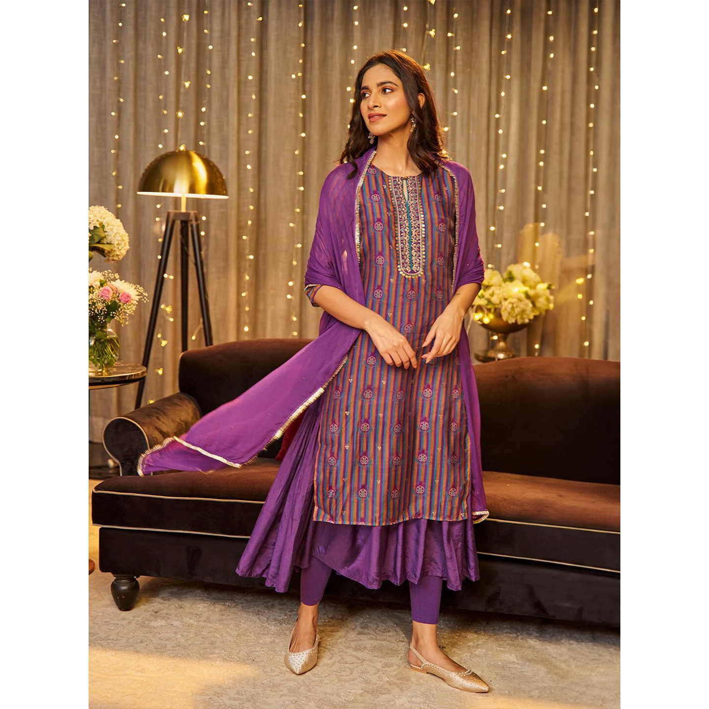 W For Woman Purple Striped Synthetic Zari Digital Kurta Dupatta Bottomwear