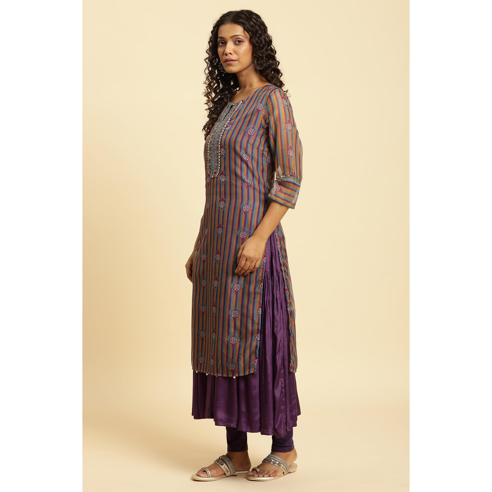 W For Woman Purple Striped Synthetic Zari Digital Kurta Dupatta Bottomwear