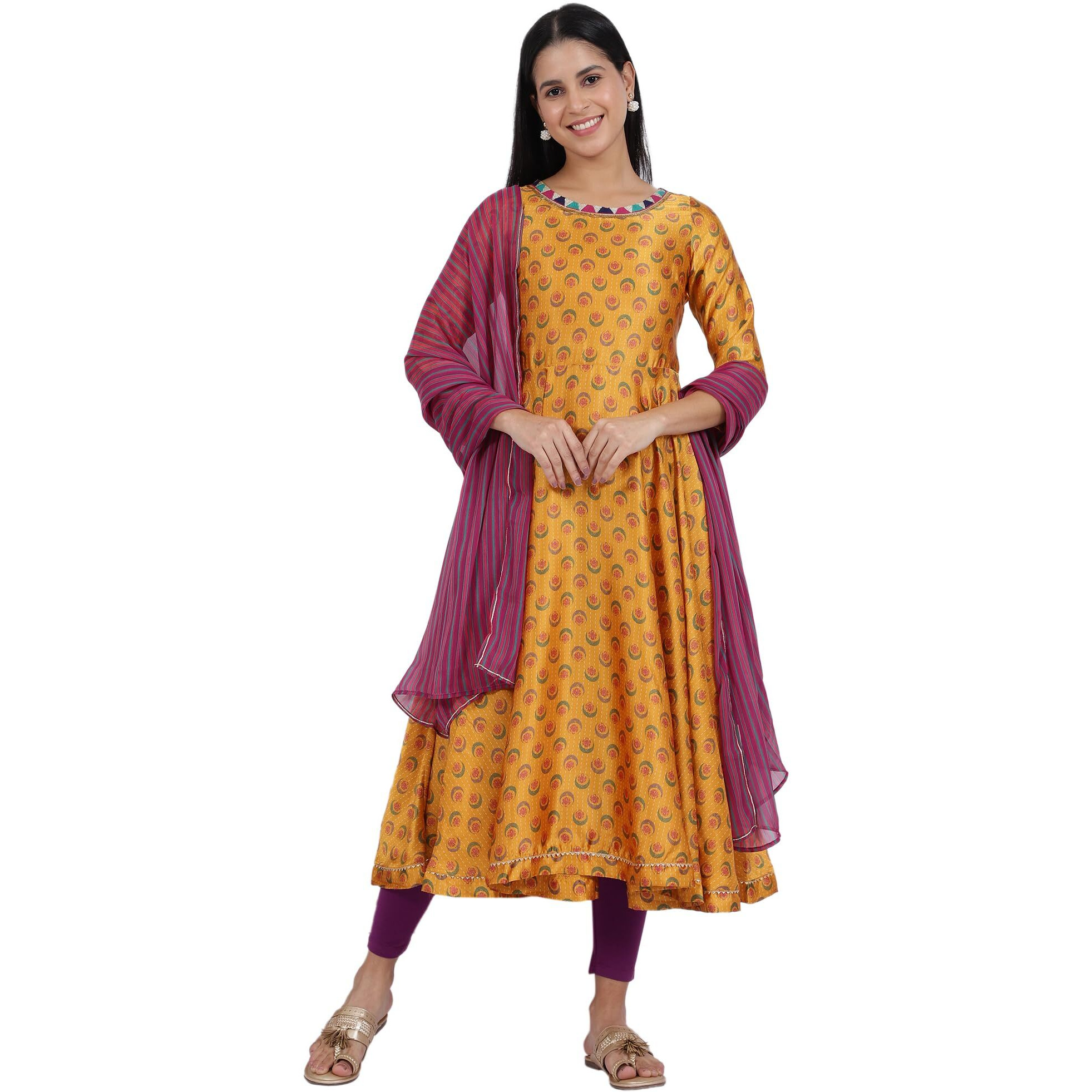 W For Woman Women's Polyester Floral Kurta, Tight & Dupatta (23Auws19875-122304_Mustard