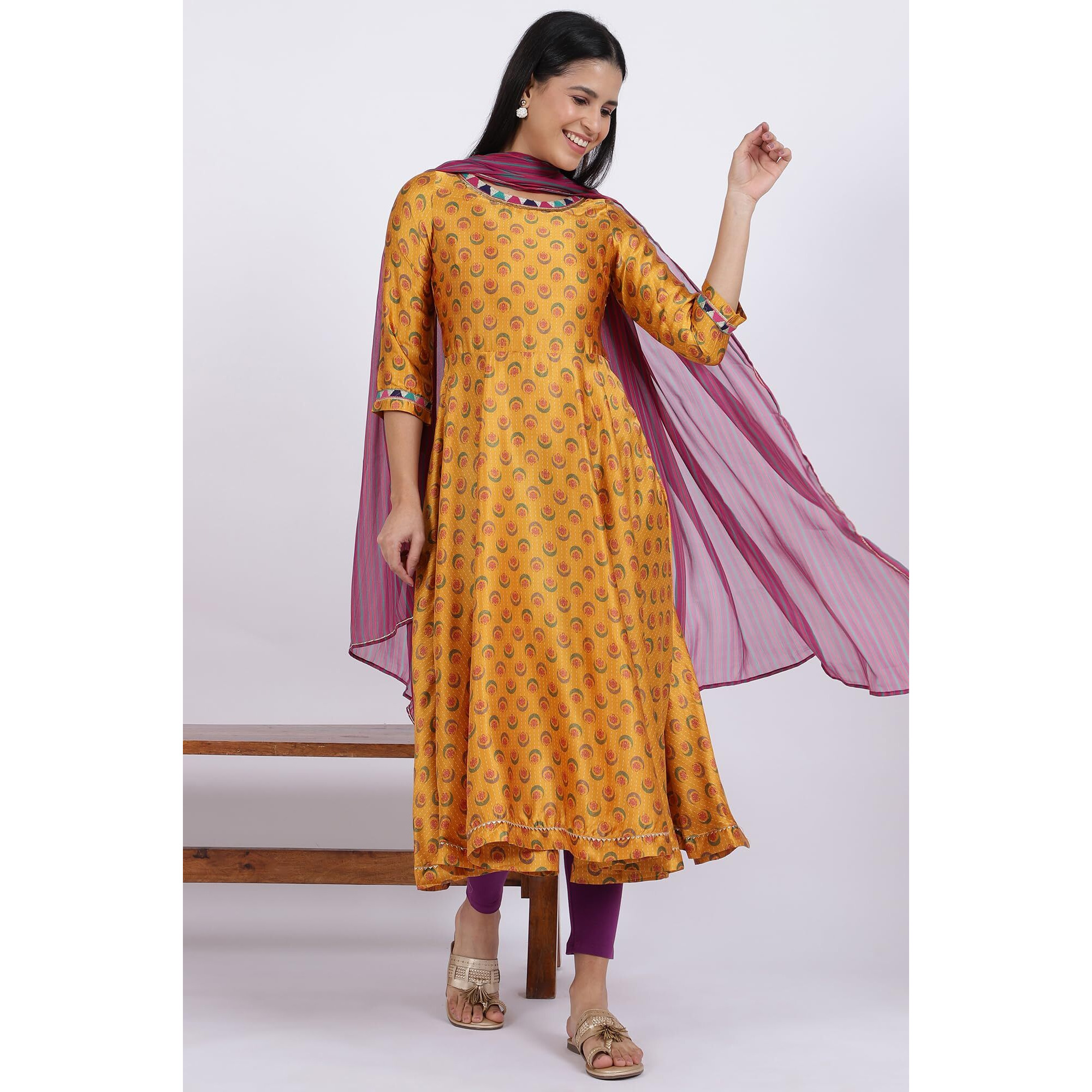 W For Woman Women's Polyester Floral Regular Fit Kurta, Tight & Dupatta (23Auws19875-122304_Mustard, Xl