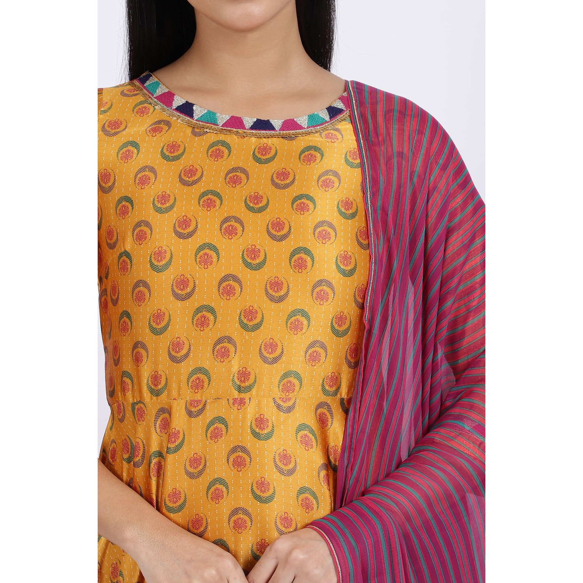 W For Woman Women's Polyester Floral Regular Fit Kurta, Tight & Dupatta (23Auws19875-122304_Mustard, Xl