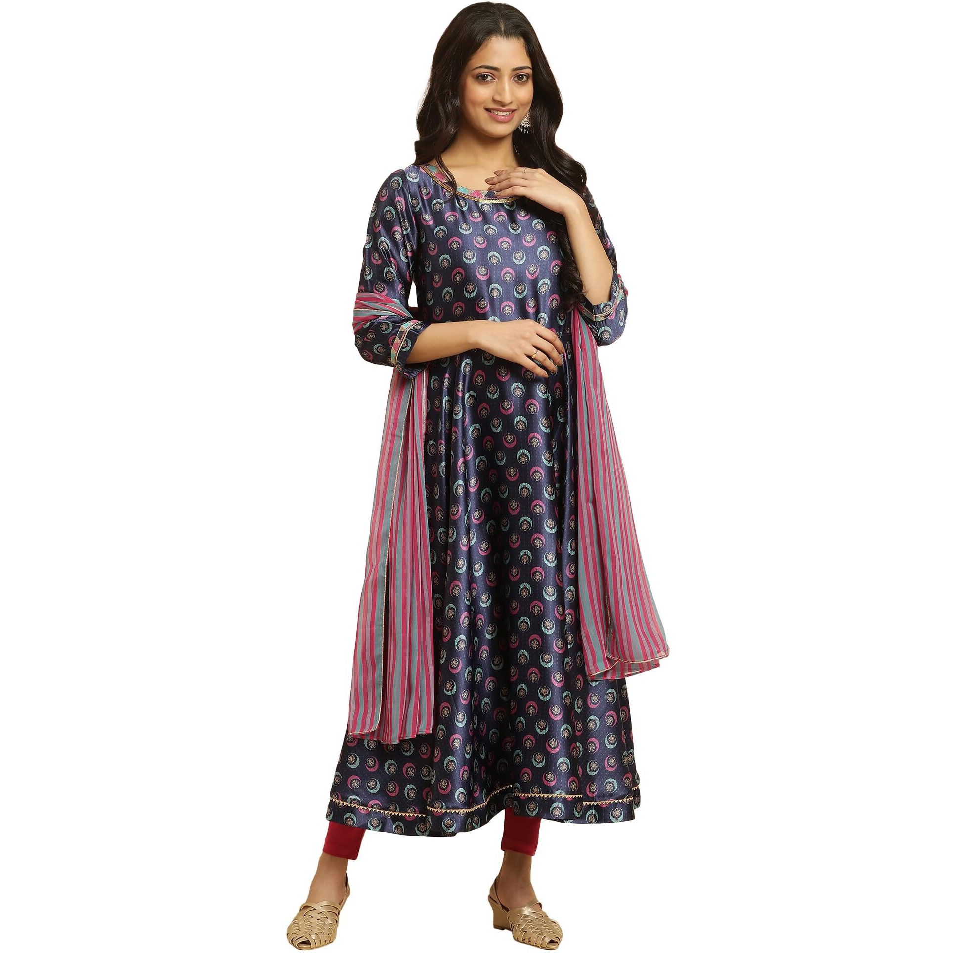 W For Woman Navy Blue Floral Printed Satin Anarkali Kurta And Leggings Set With Dupatta (Size M)-23Auws19875-122985