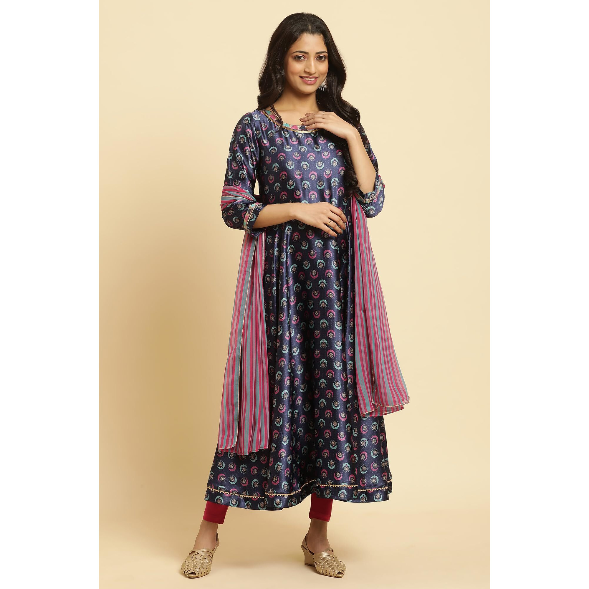 W For Woman Navy Blue Floral Printed Satin Anarkali Kurta And Leggings Set With Dupatta (Size M)-23Auws19875-122985