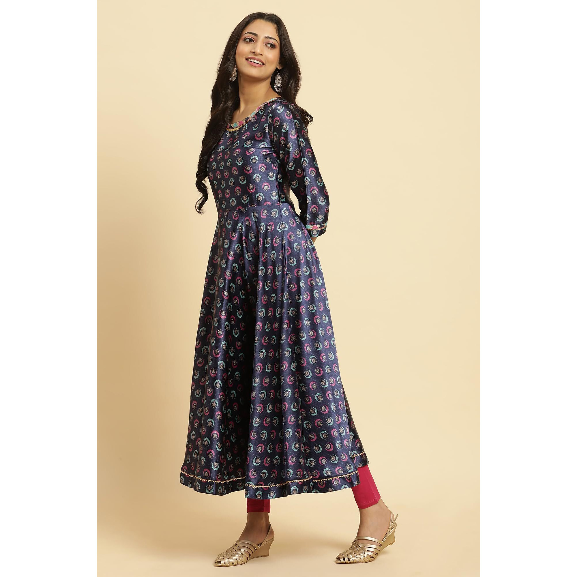 W For Woman Navy Blue Floral Printed Satin Anarkali Kurta And Leggings Set With Dupatta (Size M)-23Auws19875-122985