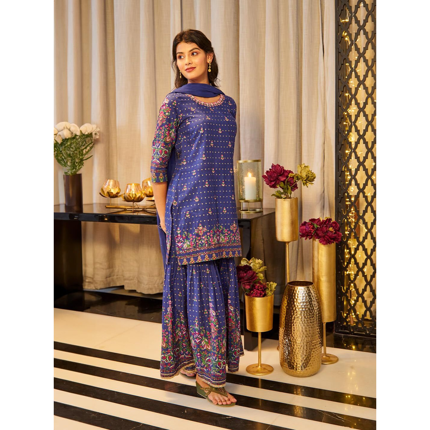 W For Woman Blue Floral Printed Kurta, Sharara And Dupatta Set (Size S)-23Auws19881-121865