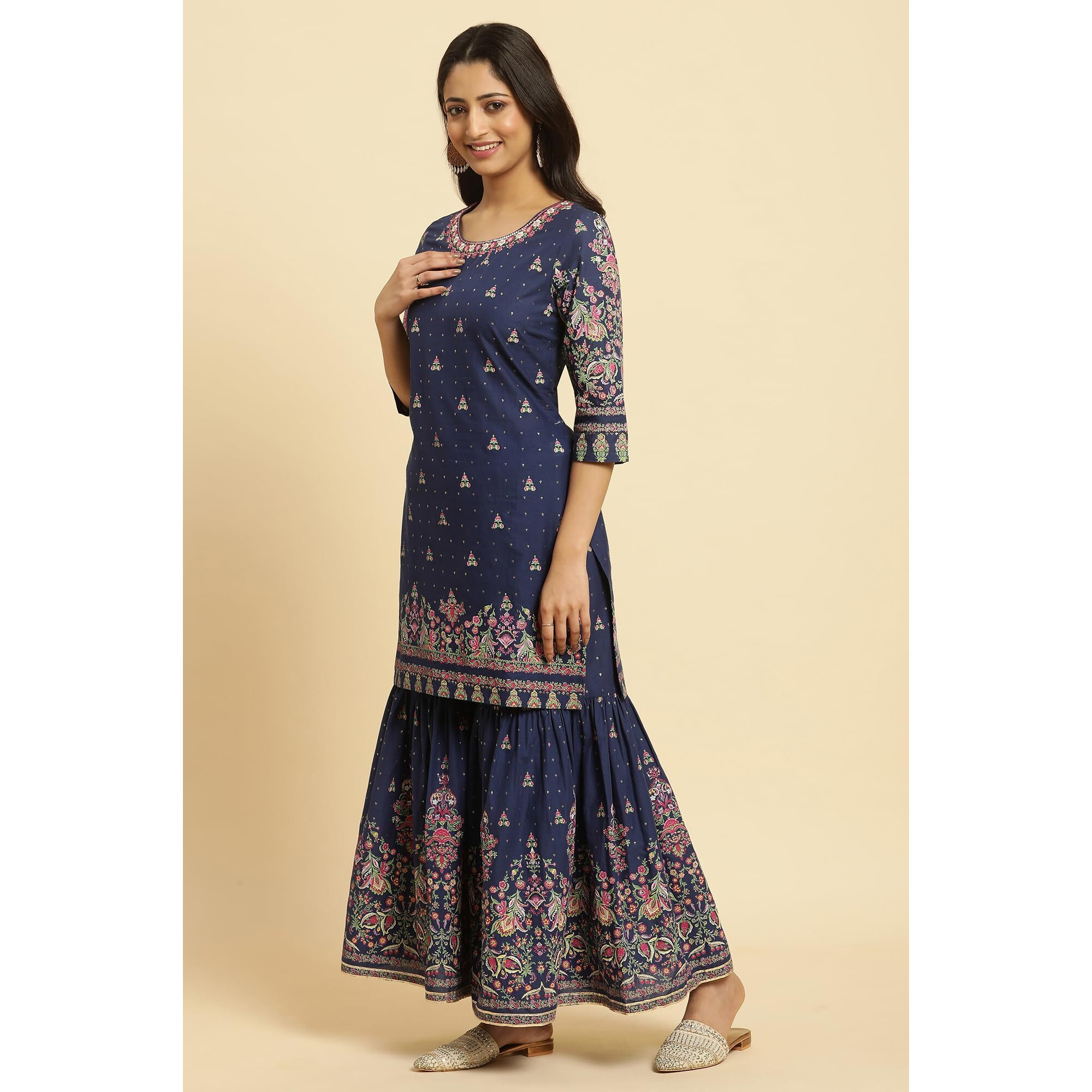 W For Woman Blue Floral Printed Kurta, Sharara And Dupatta Set (Size S)-23Auws19881-121865