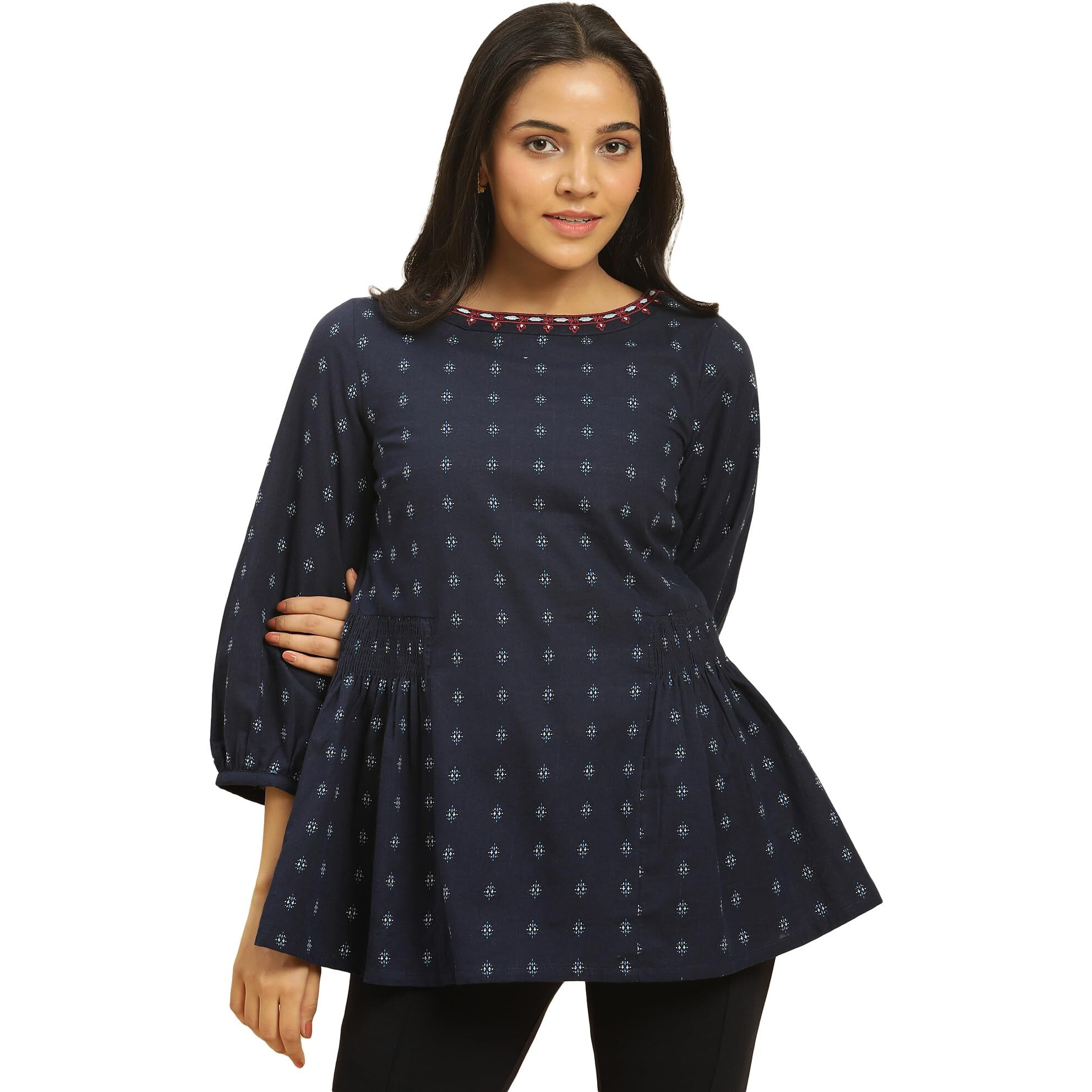 W For Woman Blue Cotton Floral Printed Tunic Top With Thread W For Womanork