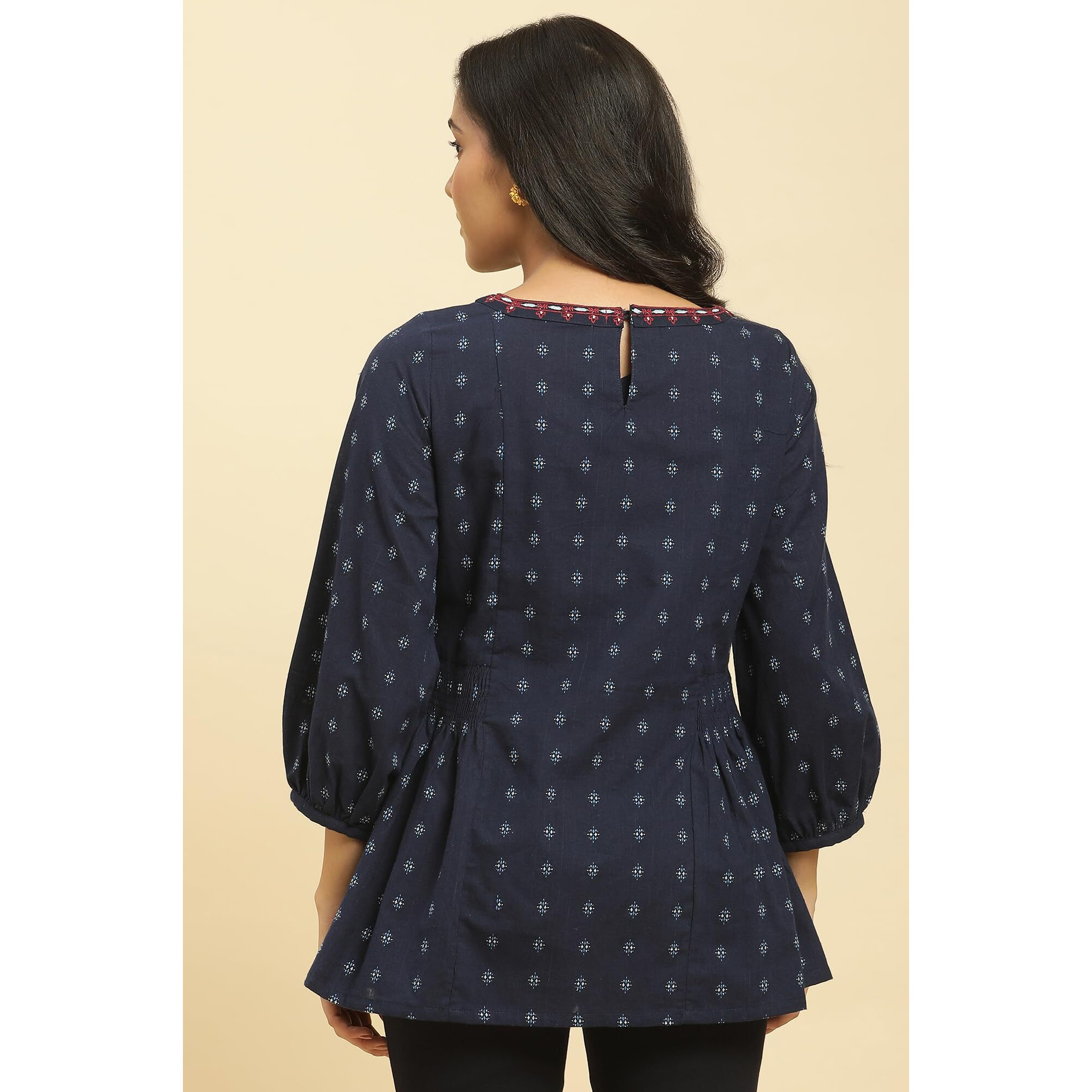 W For Woman Blue Cotton Floral Printed Tunic Top With Thread W For Womanork