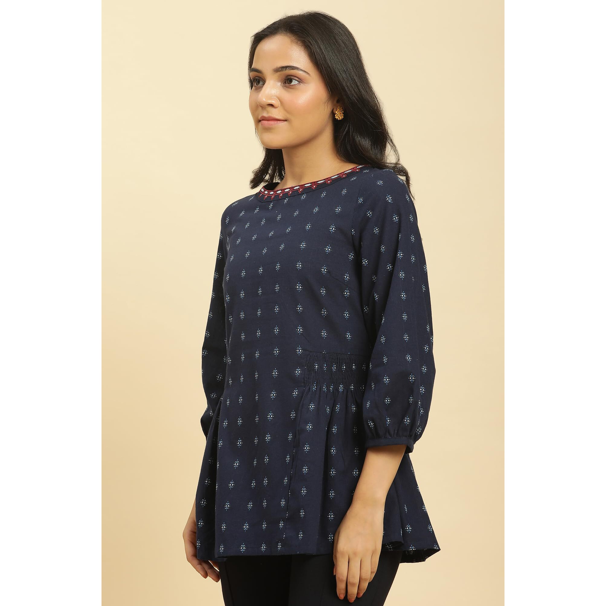 W For Woman Blue Cotton Floral Printed Tunic Top With Thread W For Womanork