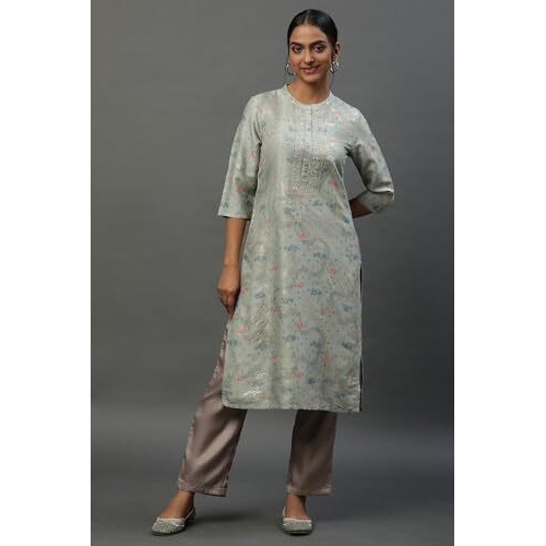 Aurelia Womens Abstract Printed Straight Kurta | Band Collar Kurta For Women | Abstract Printed Kurta For Women | Beautiful Regular Fit Kurta For Women Green