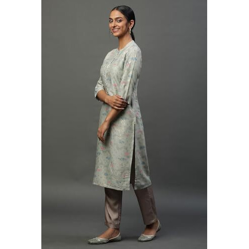 Aurelia Womens Abstract Printed Straight Kurta | Band Collar Kurta For Women | Abstract Printed Kurta For Women | Beautiful Regular Fit Kurta For Women Green
