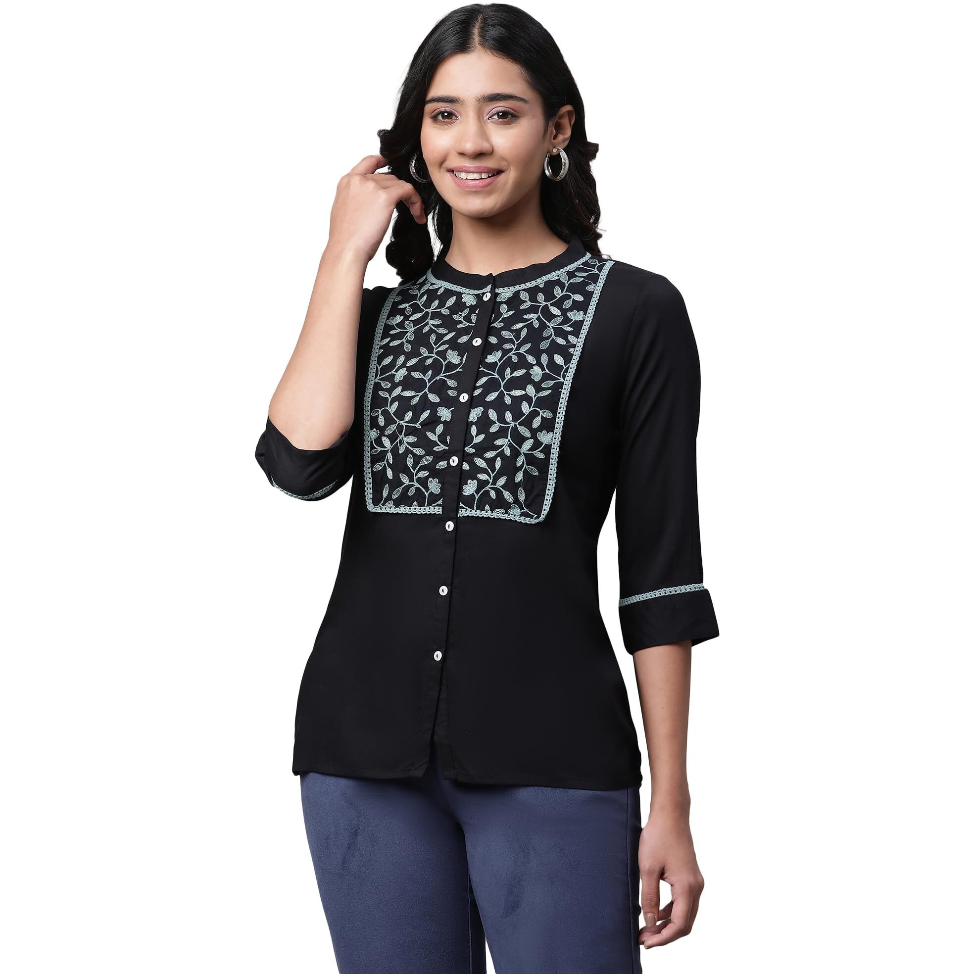 Aurelia Women Black Solid Viscose Straight Kurti