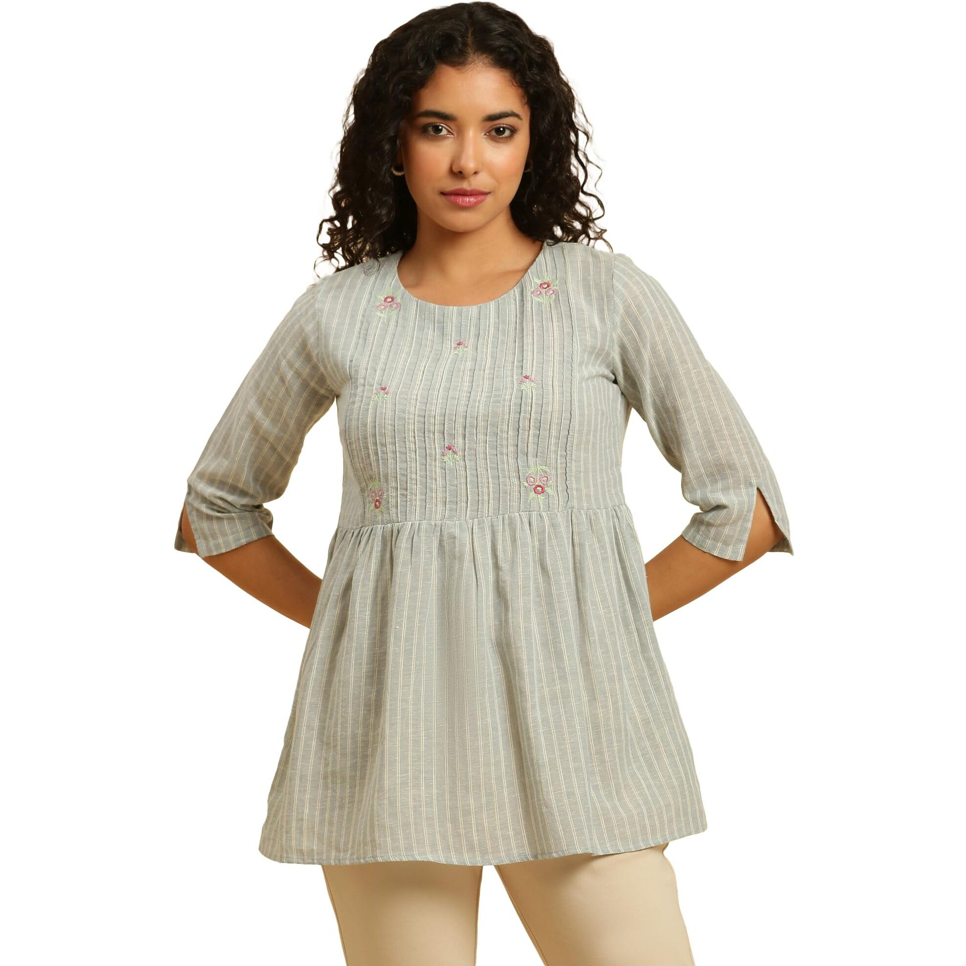 W Grey Striped Peplum Top For Women In Synthetic Material