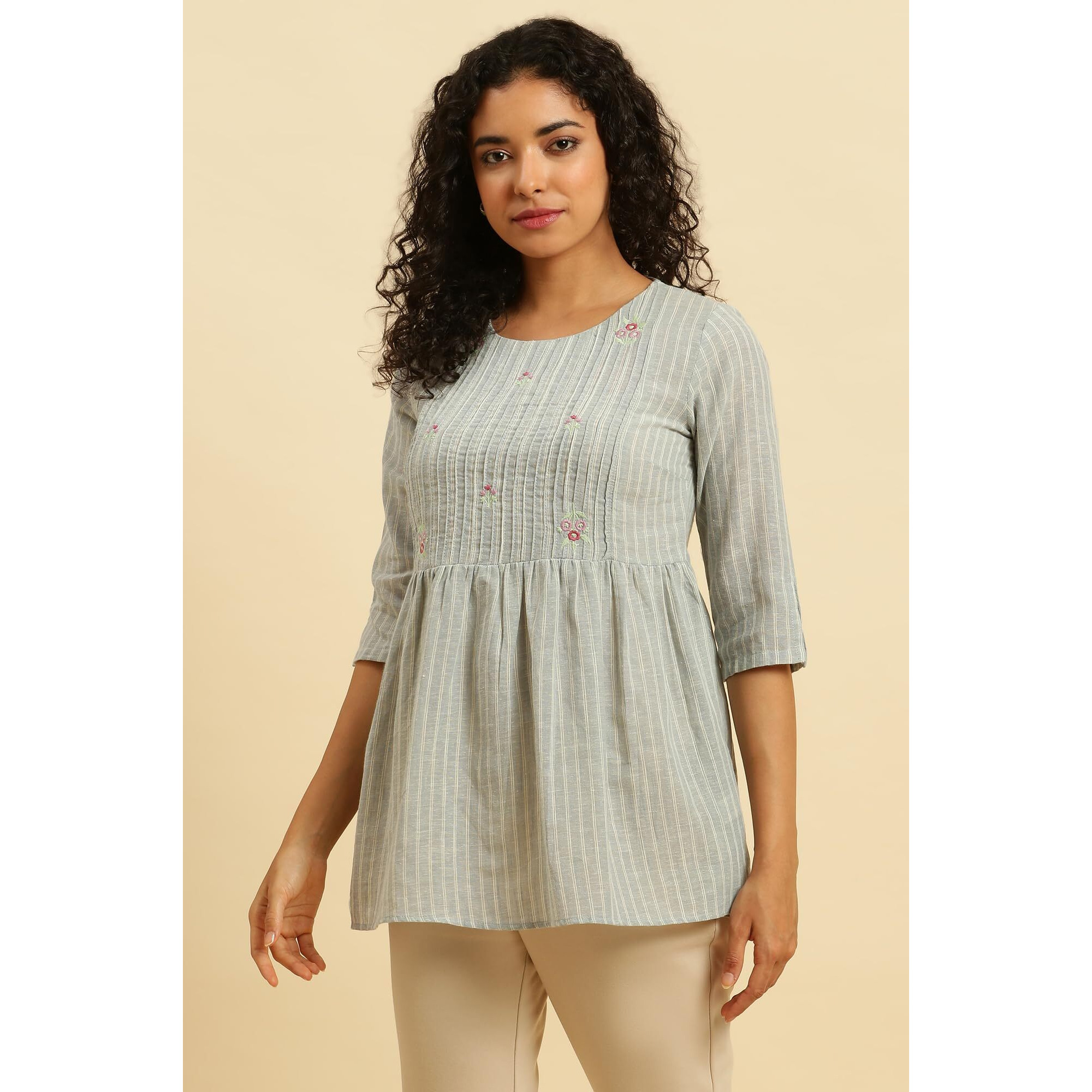 W Grey Striped Peplum Top For Women In Synthetic Material