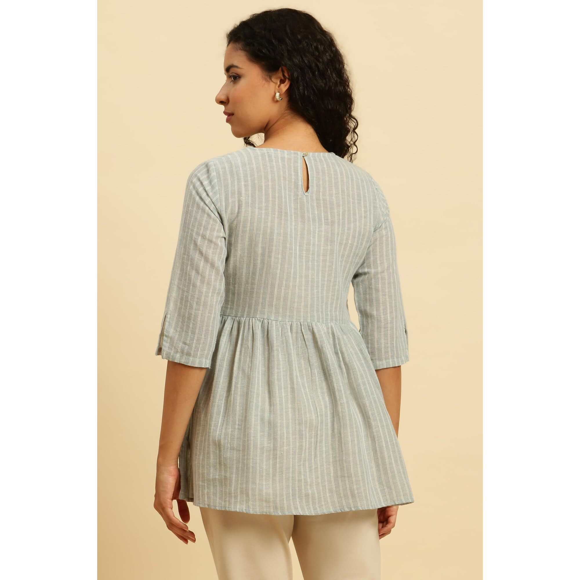 W Grey Striped Peplum Top For Women In Synthetic Material